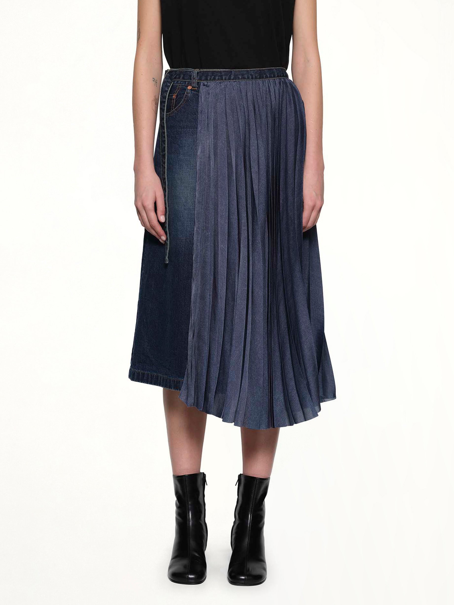 Half Pleated Denim Skirt in Blue