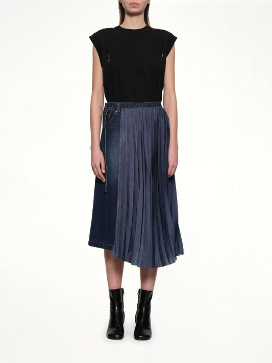 Half Pleated Denim Skirt in Blue