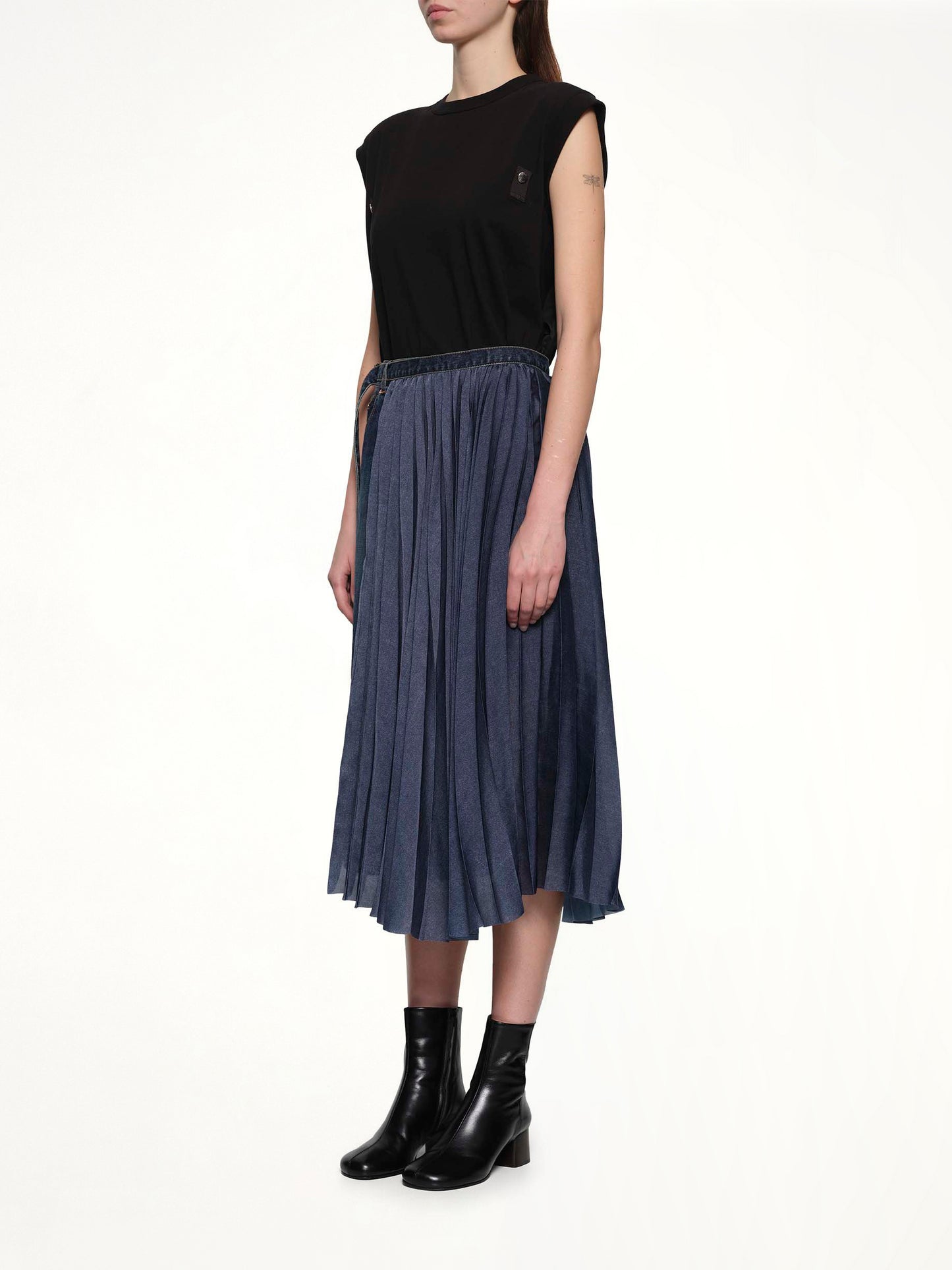 Half Pleated Denim Skirt in Blue