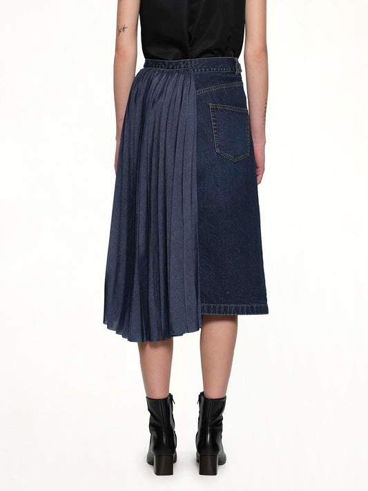 Half Pleated Denim Skirt in Blue