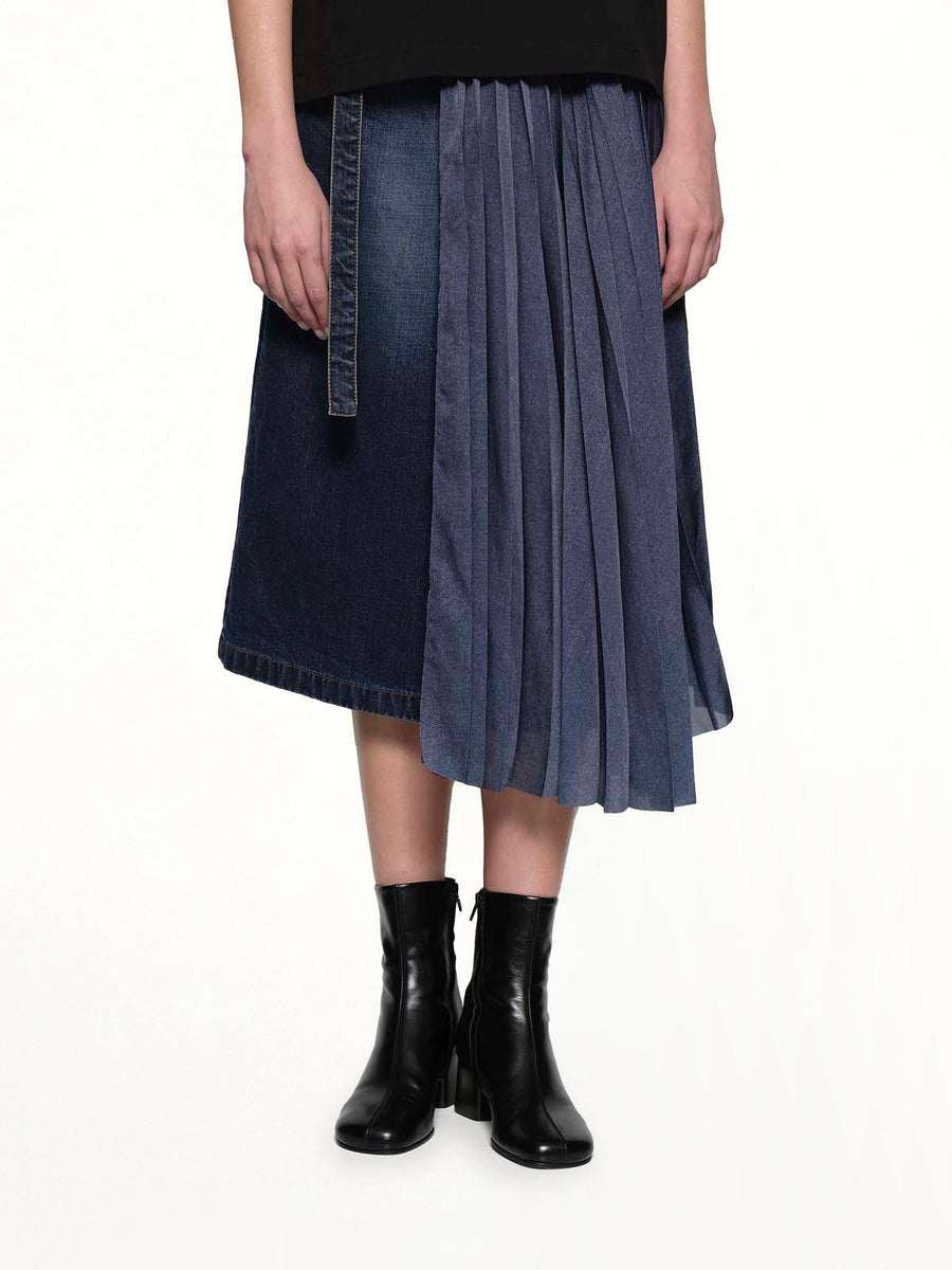 Half Pleated Denim Skirt in Blue