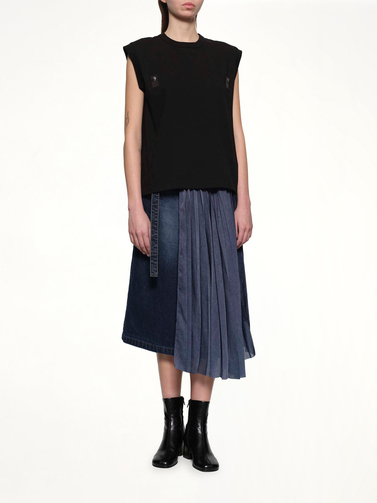 Half Pleated Denim Skirt in Blue