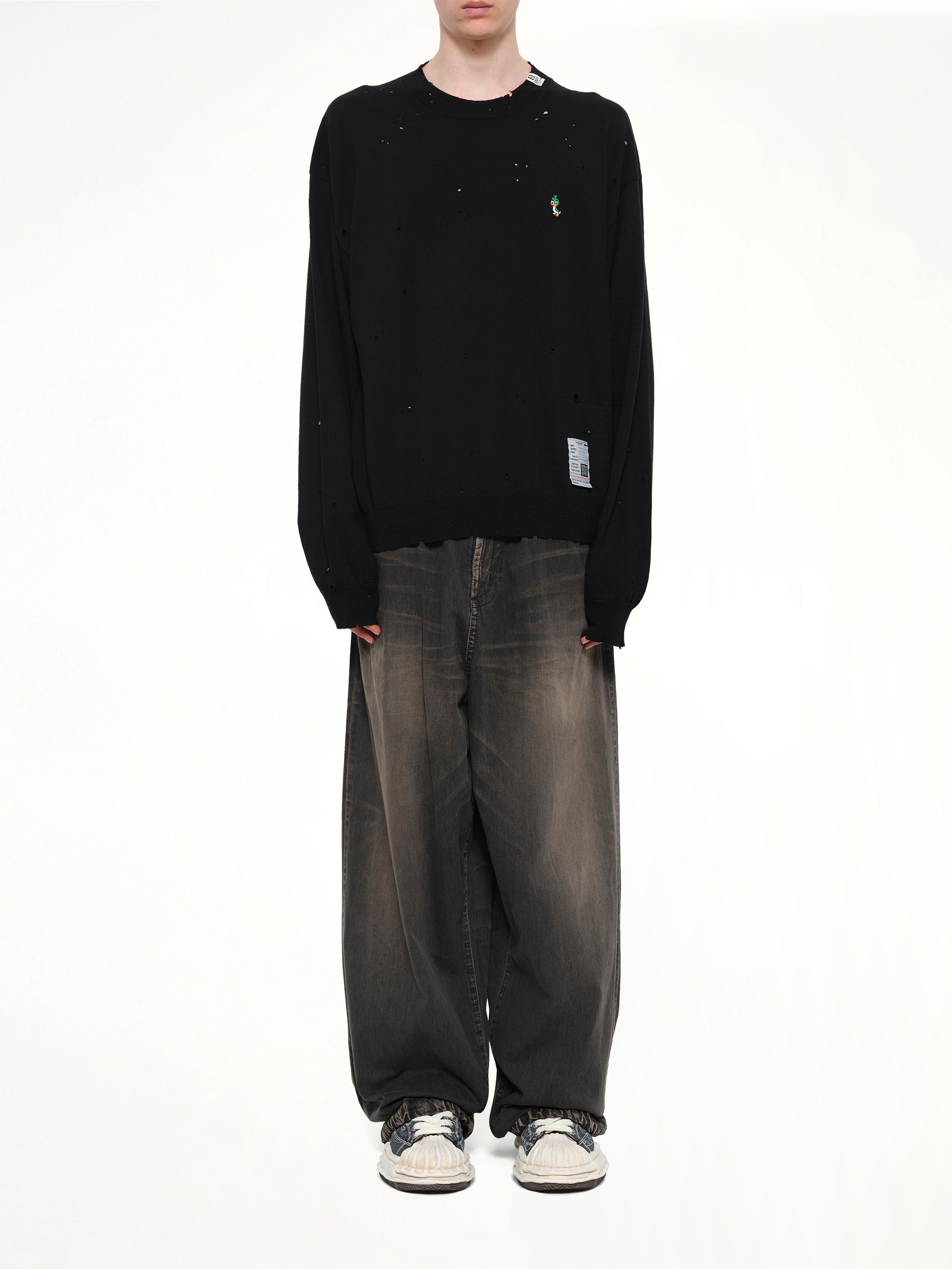 MAISON MIHARA YASUHIRO Distressed Knit Pullover in Black Model View from MARAIS