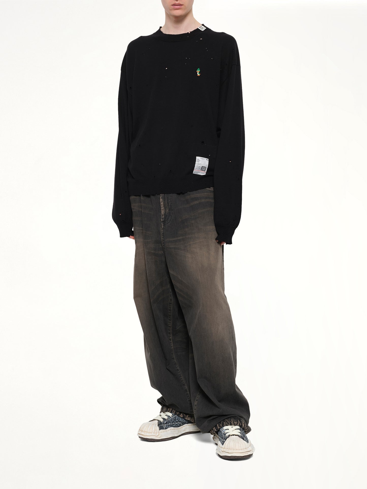 Distressed Knit Pullover in Black