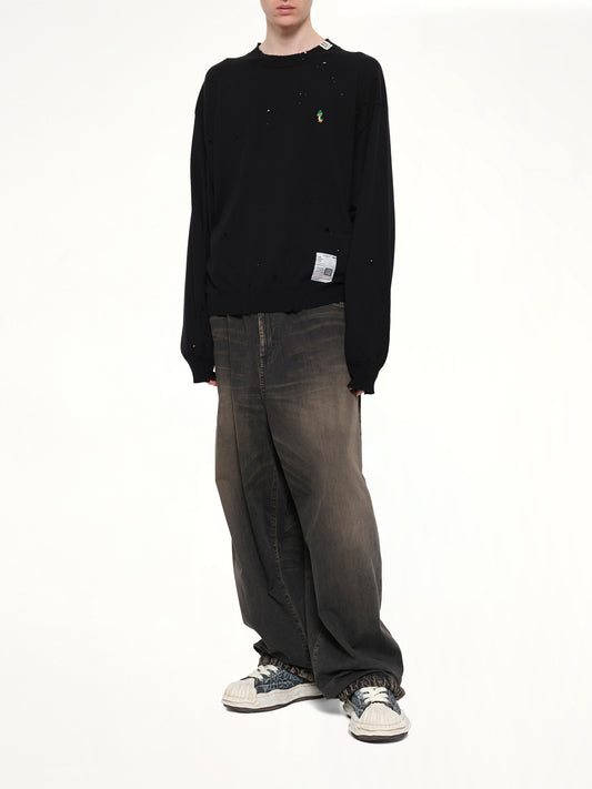 Distressed Knit Pullover in Black