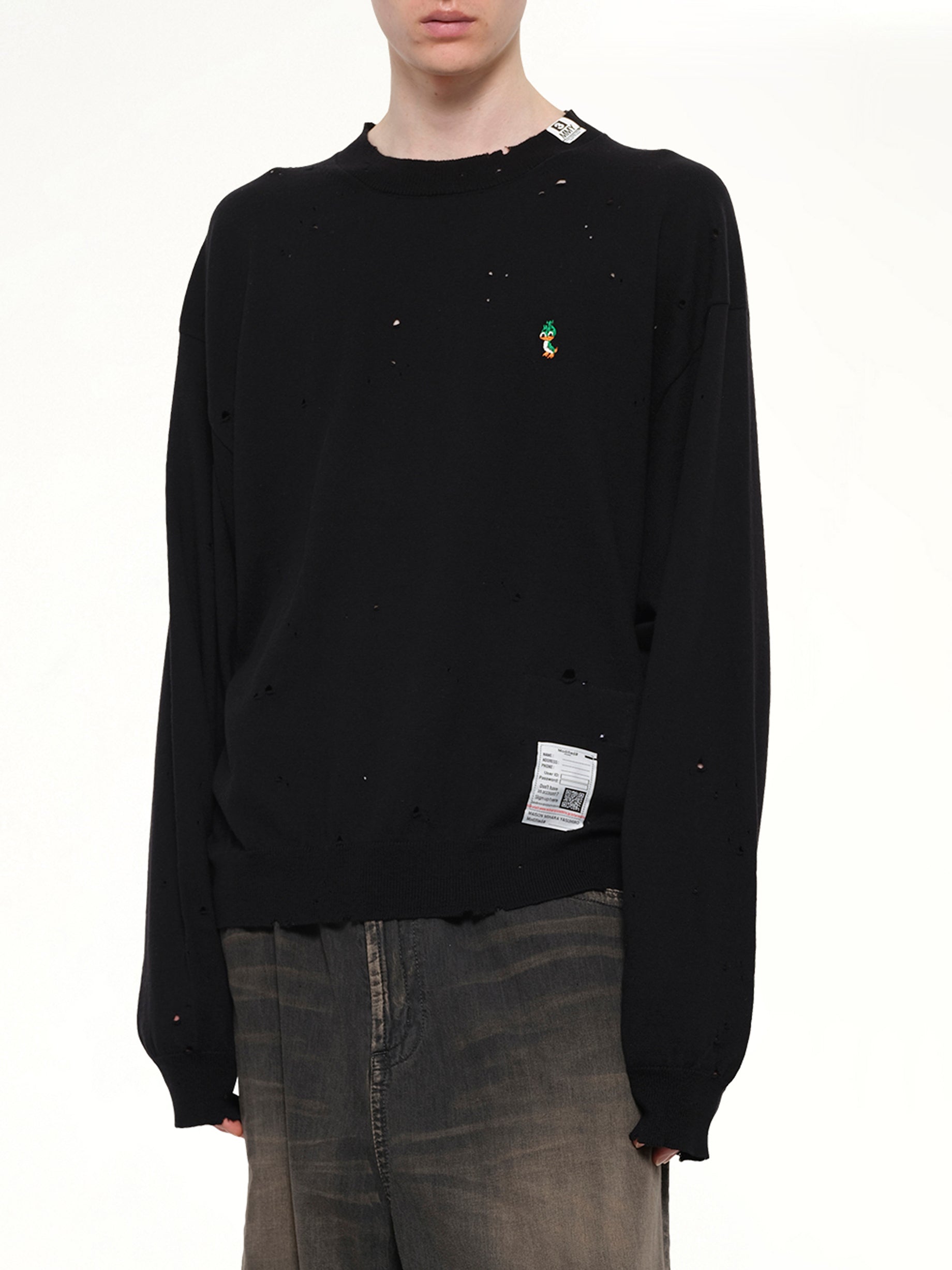 MAISON MIHARA YASUHIRO Distressed Knit Pullover in Black Detail Shot from MARAIS