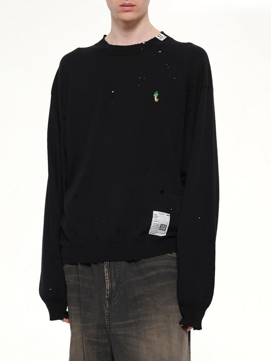 Distressed Knit Pullover in Black
