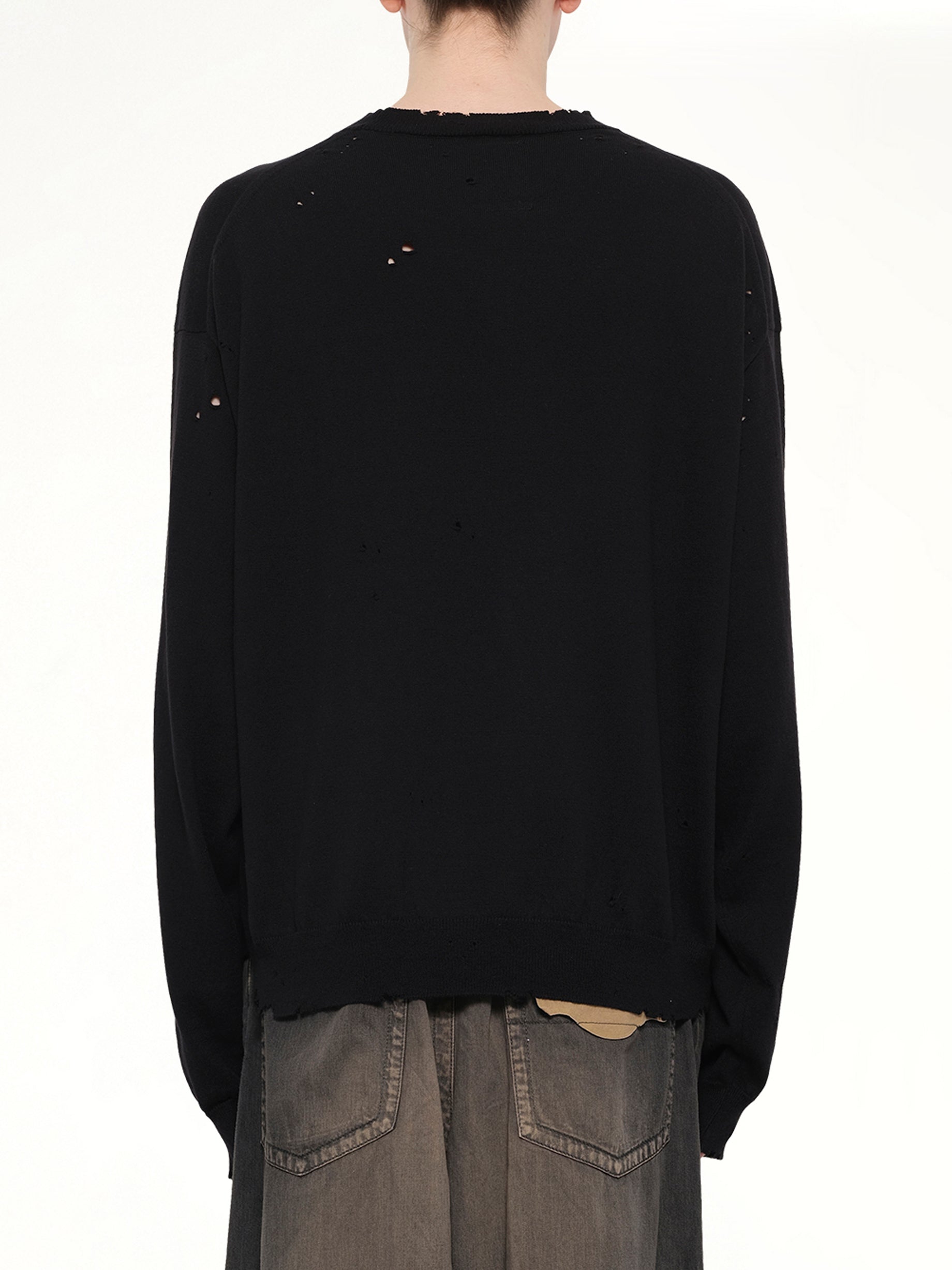 MAISON MIHARA YASUHIRO Distressed Knit Pullover in Black Back View from MARAIS