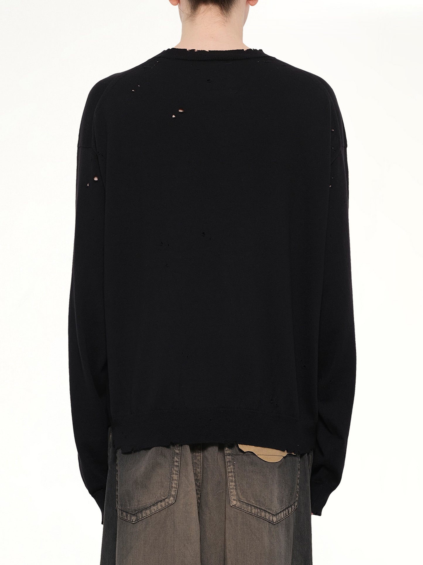 Distressed Knit Pullover in Black