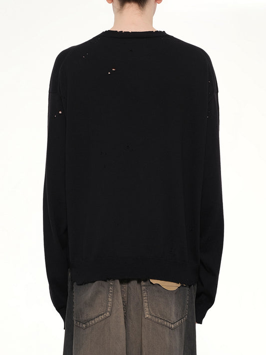 Distressed Knit Pullover in Black