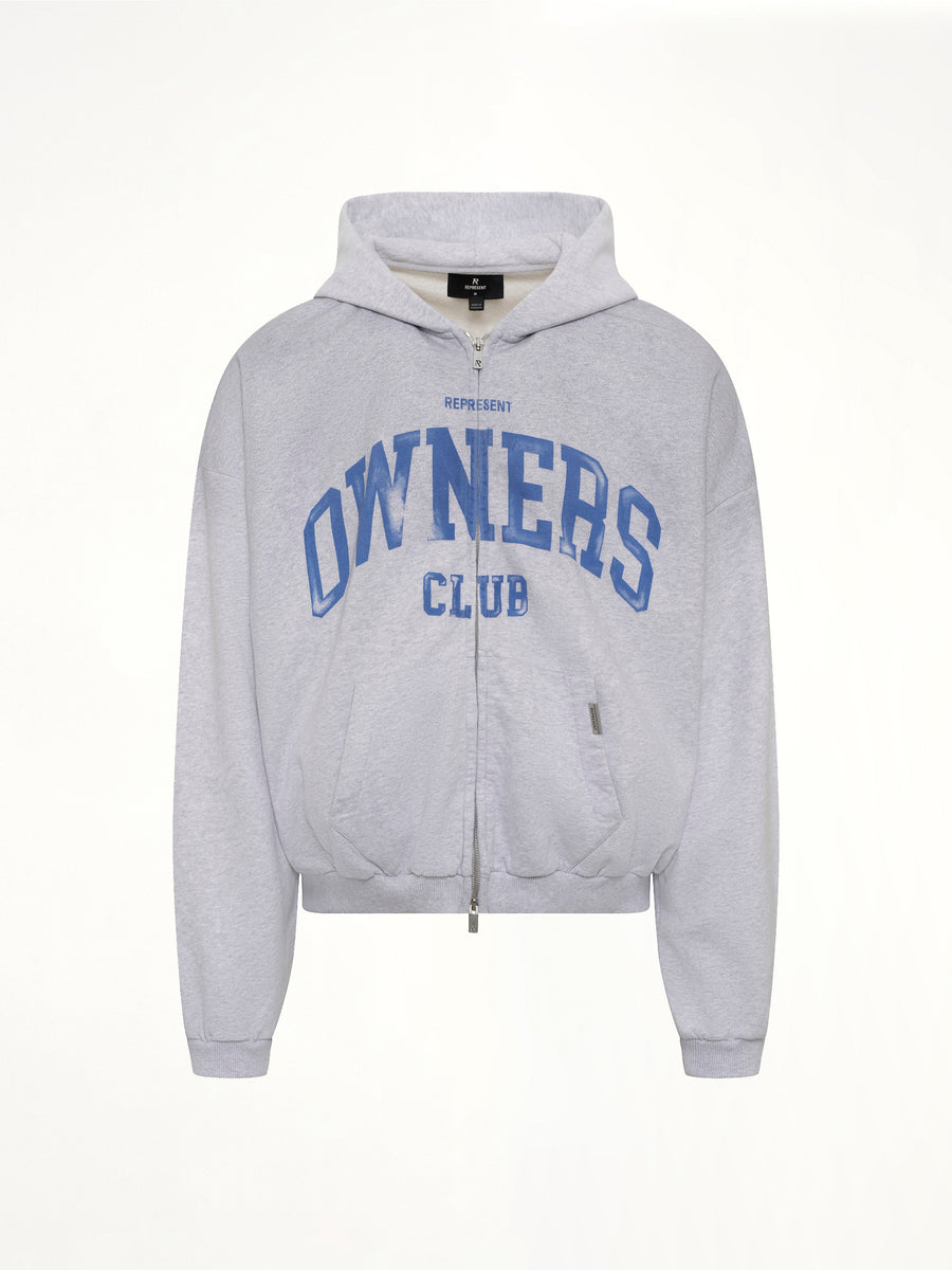 Represent Owners Club Zip Through Hoodie in Sprayed Ice Grey Marl
