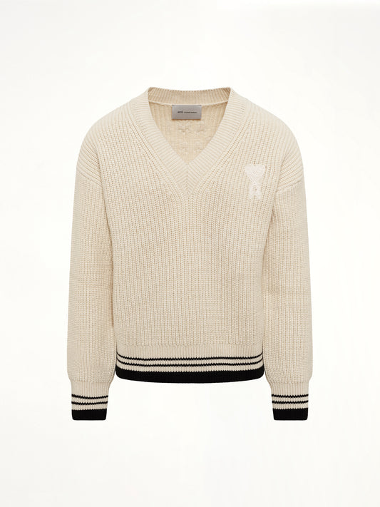 Ami De Coeur V Neck College Sweater in Off White