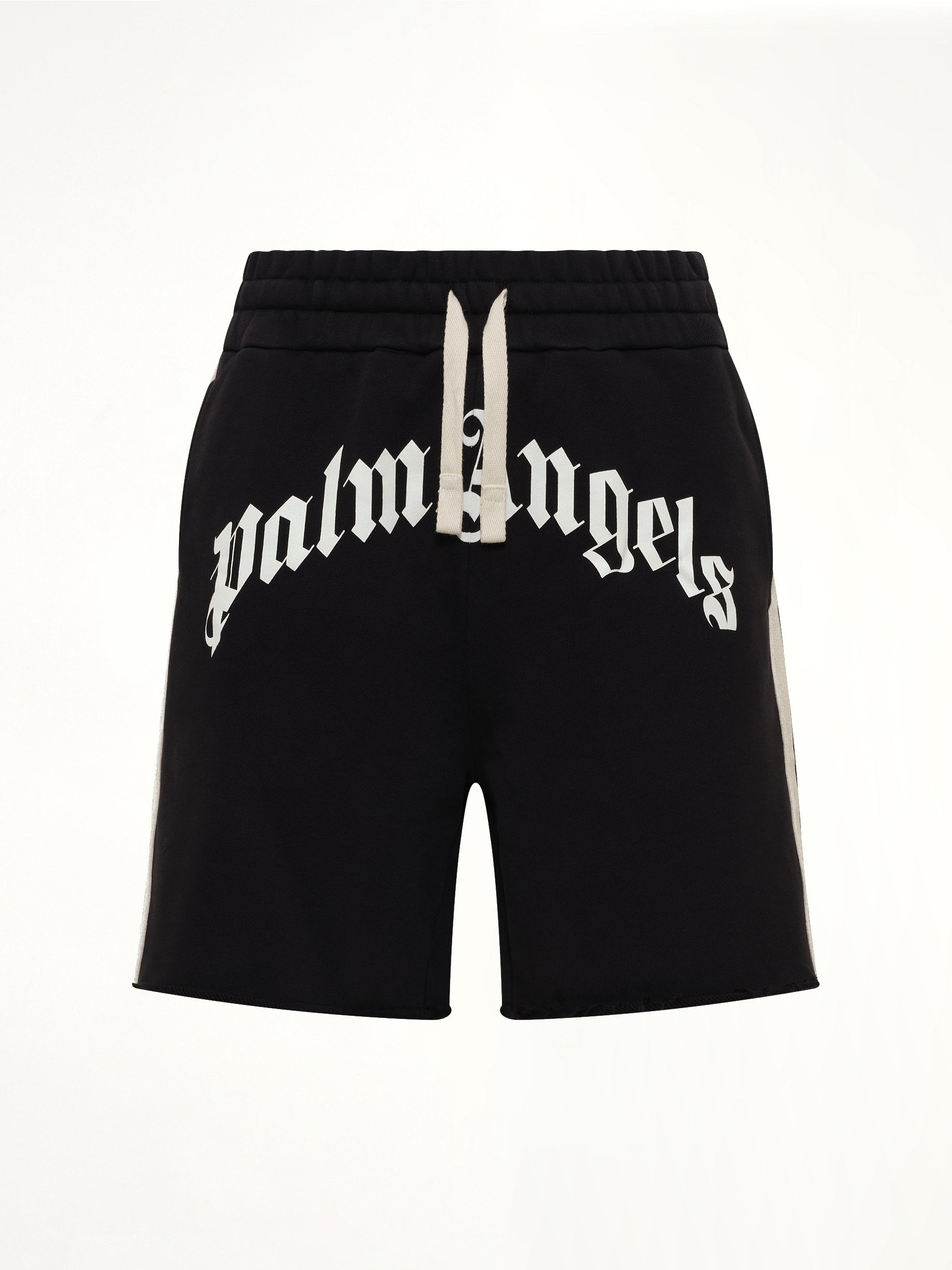 PALM ANGELS Curved Logo Track Sweatshorts in Black/Off White Product Photo from MARAIS