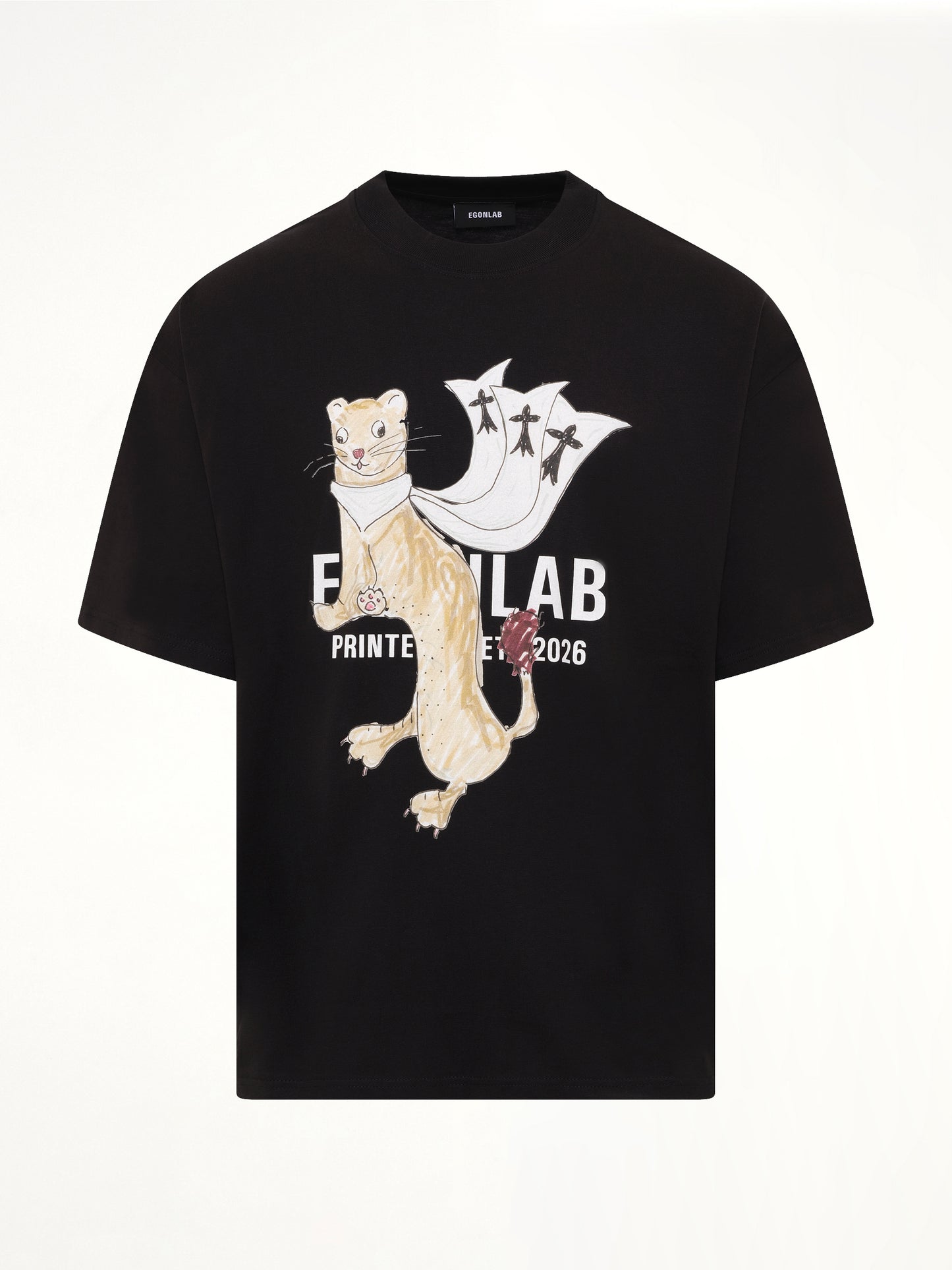 Hermine Print Cotton T-Shirt in Black