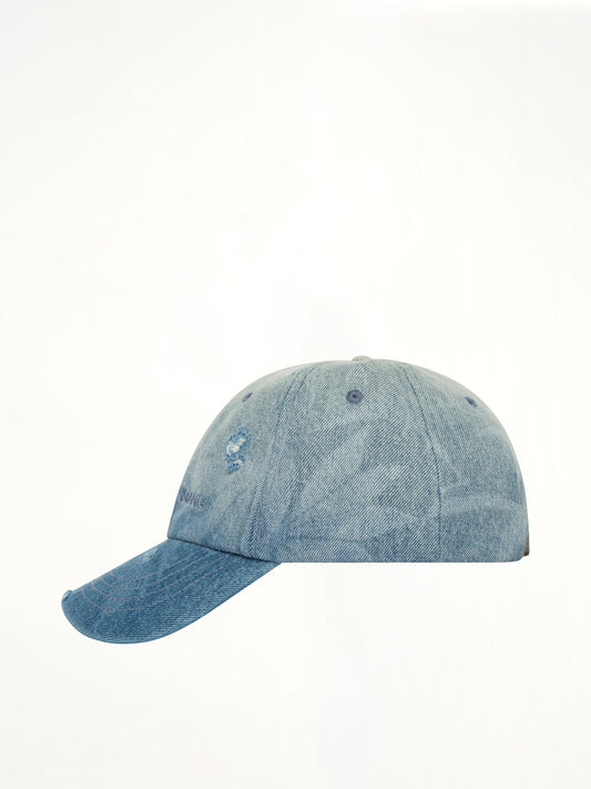 Denim Washed Printed Baseball Cap in Blue