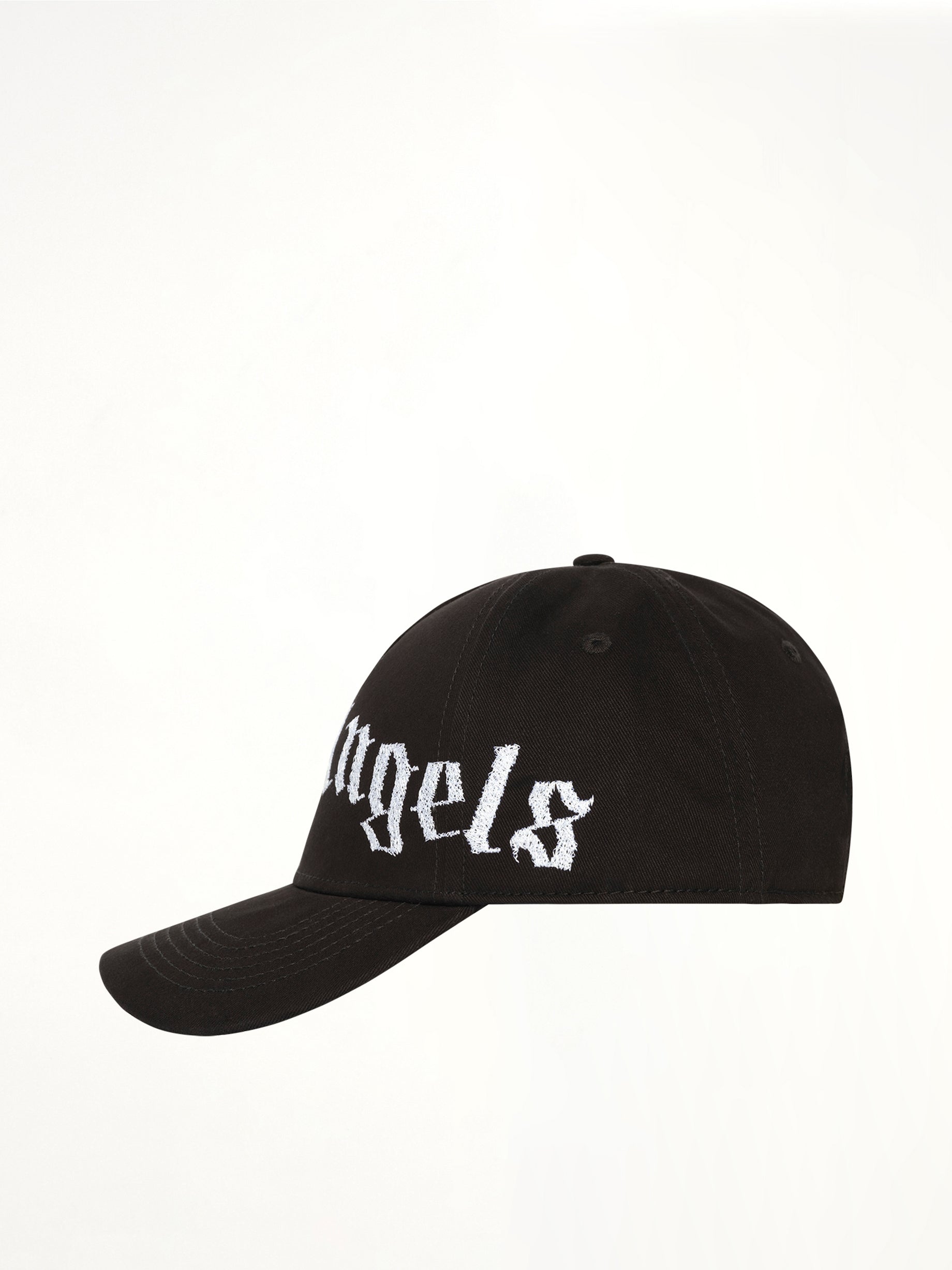 PALM ANGELS Overlogo Cap in Black Off/White Side View from MARAIS