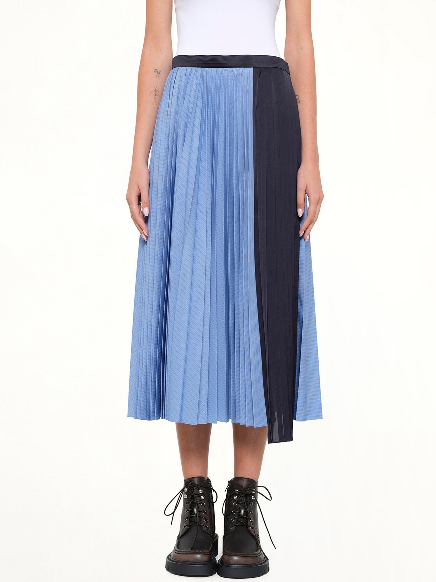 Poplin Pleat Skirt in Blue Stripe