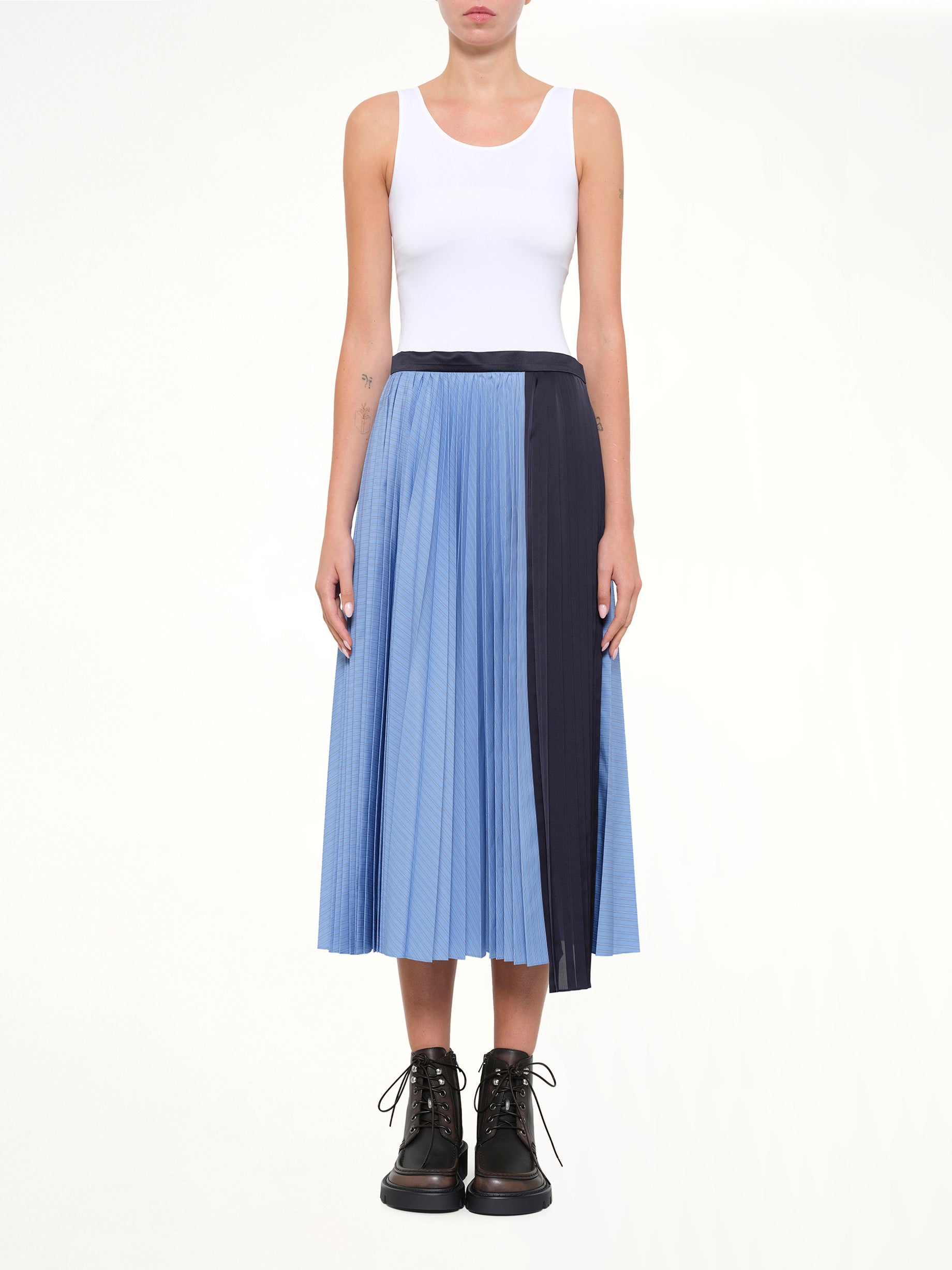 SACAI , Poplin Pleat Skirt in Blue Stripe Model View from MARAIS