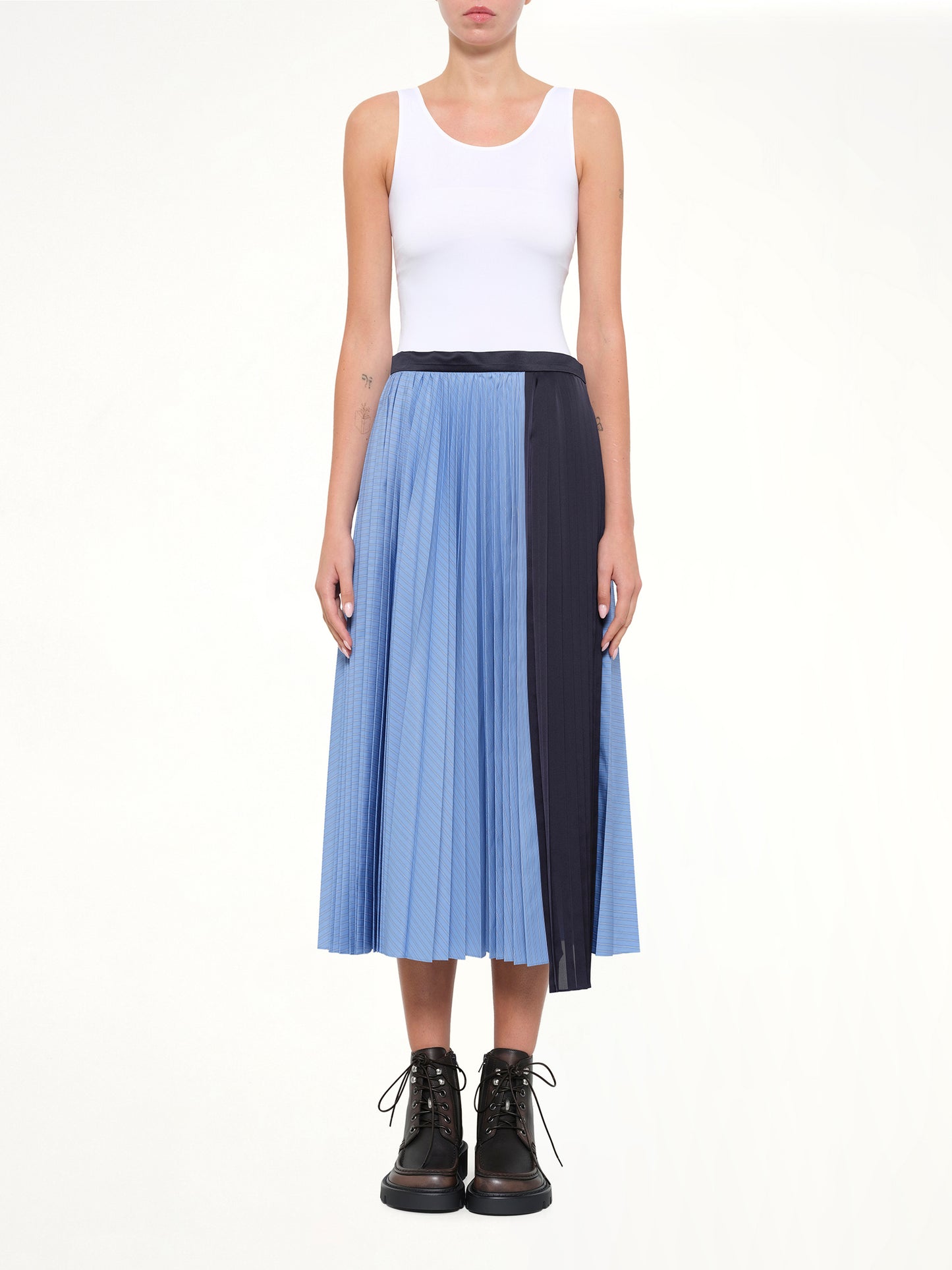 Poplin Pleat Skirt in Blue Stripe