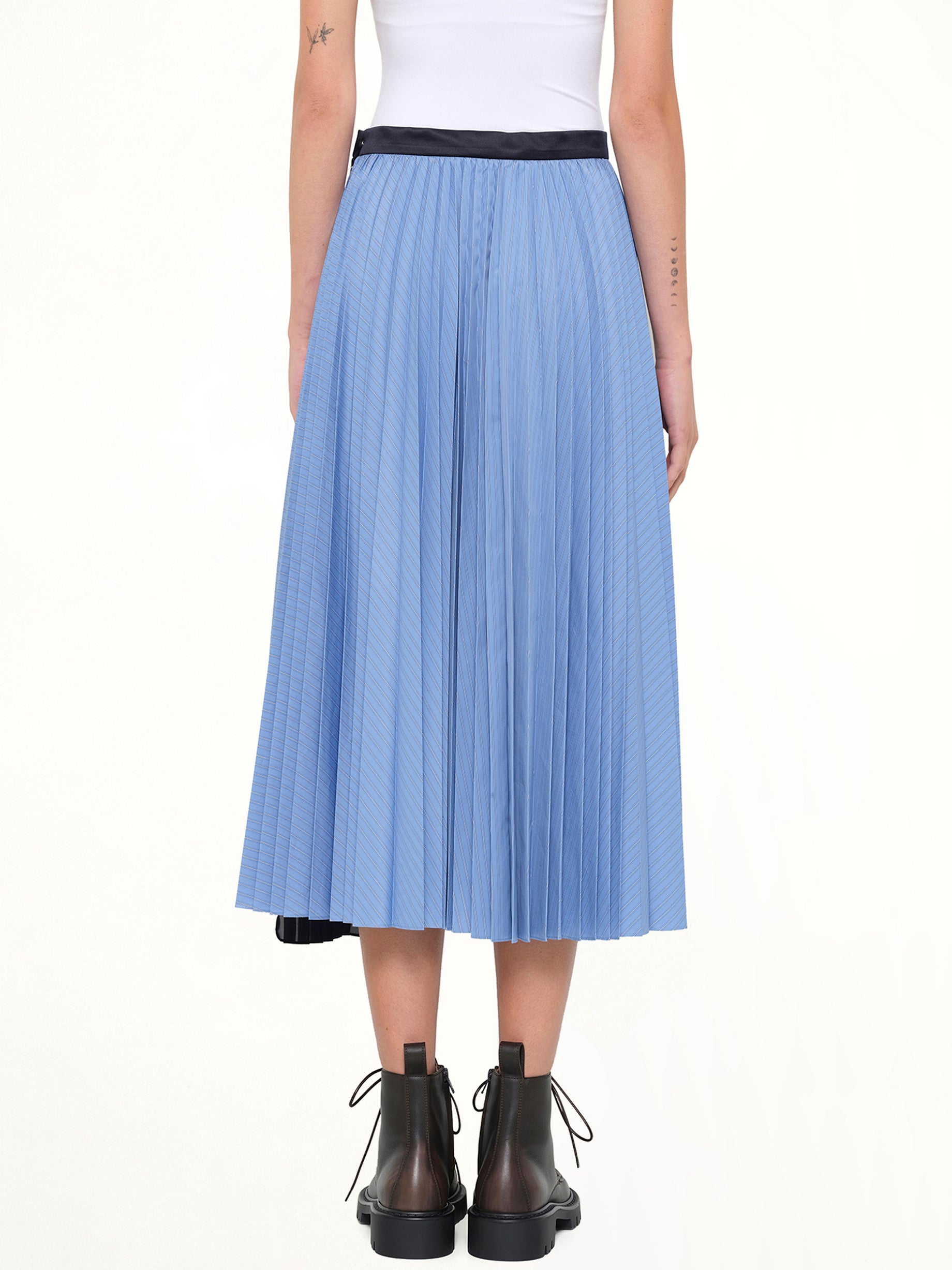 SACAI , Poplin Pleat Skirt in Blue Stripe Back View from MARAIS