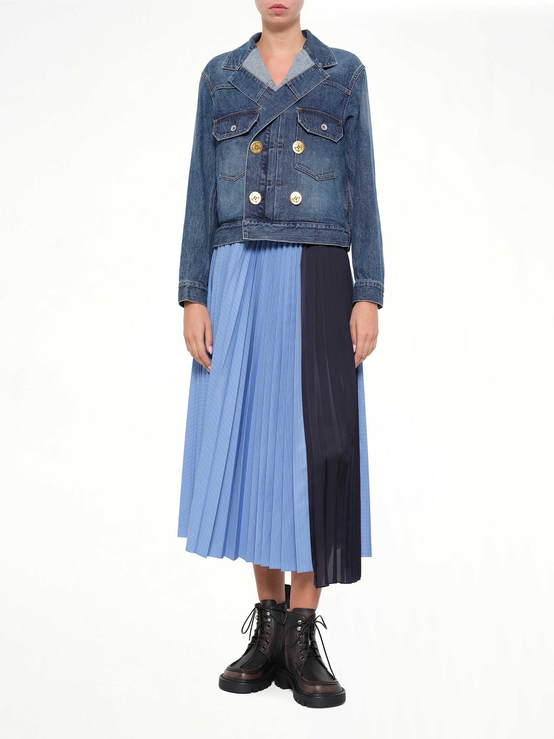 SACAI , Poplin Pleat Skirt in Blue Stripe Full Reference from MARAIS