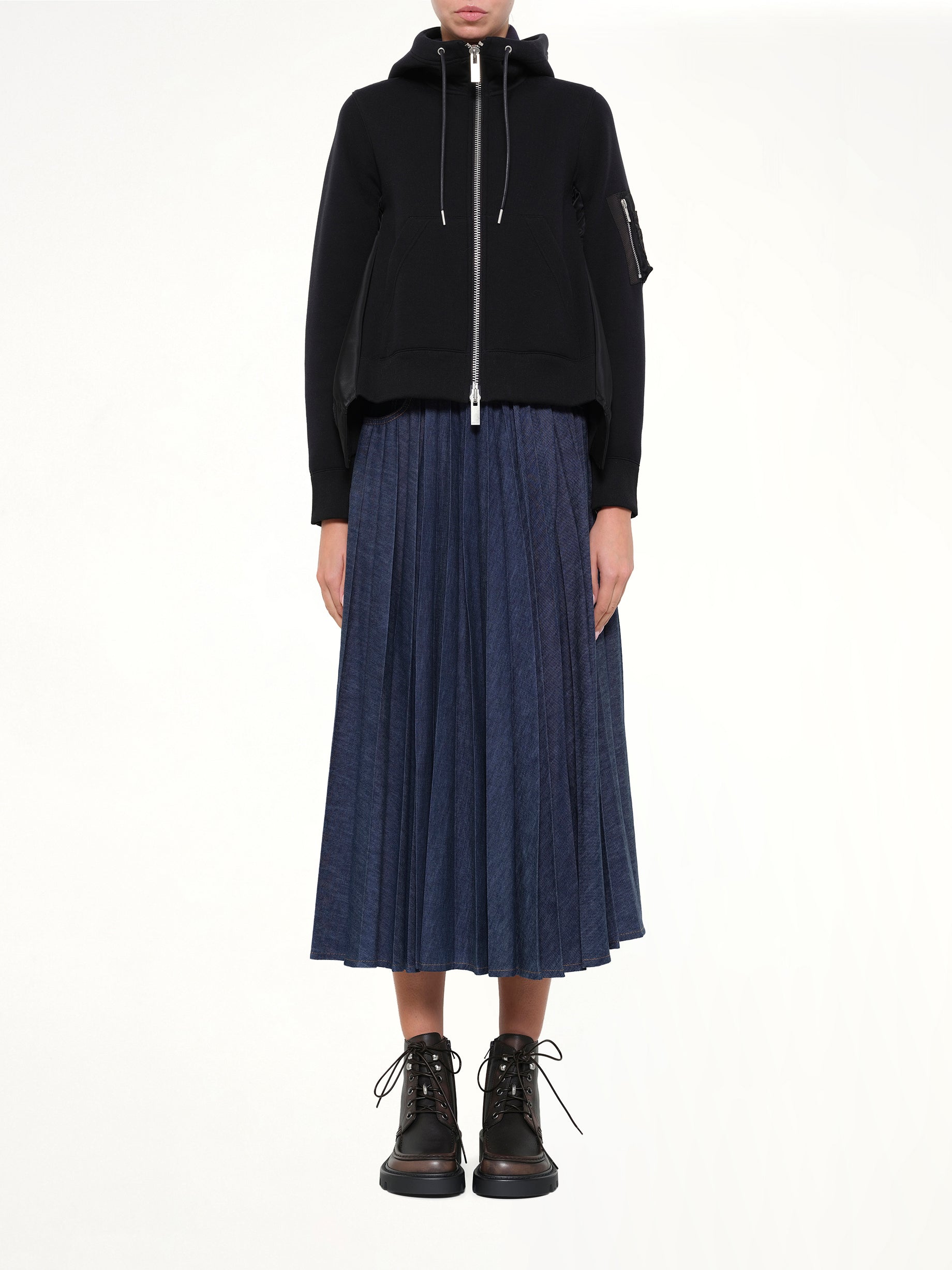 SACAI , 
, Sponge Sweat x Nylon Twill Hoodie in Black Model View from MARAIS