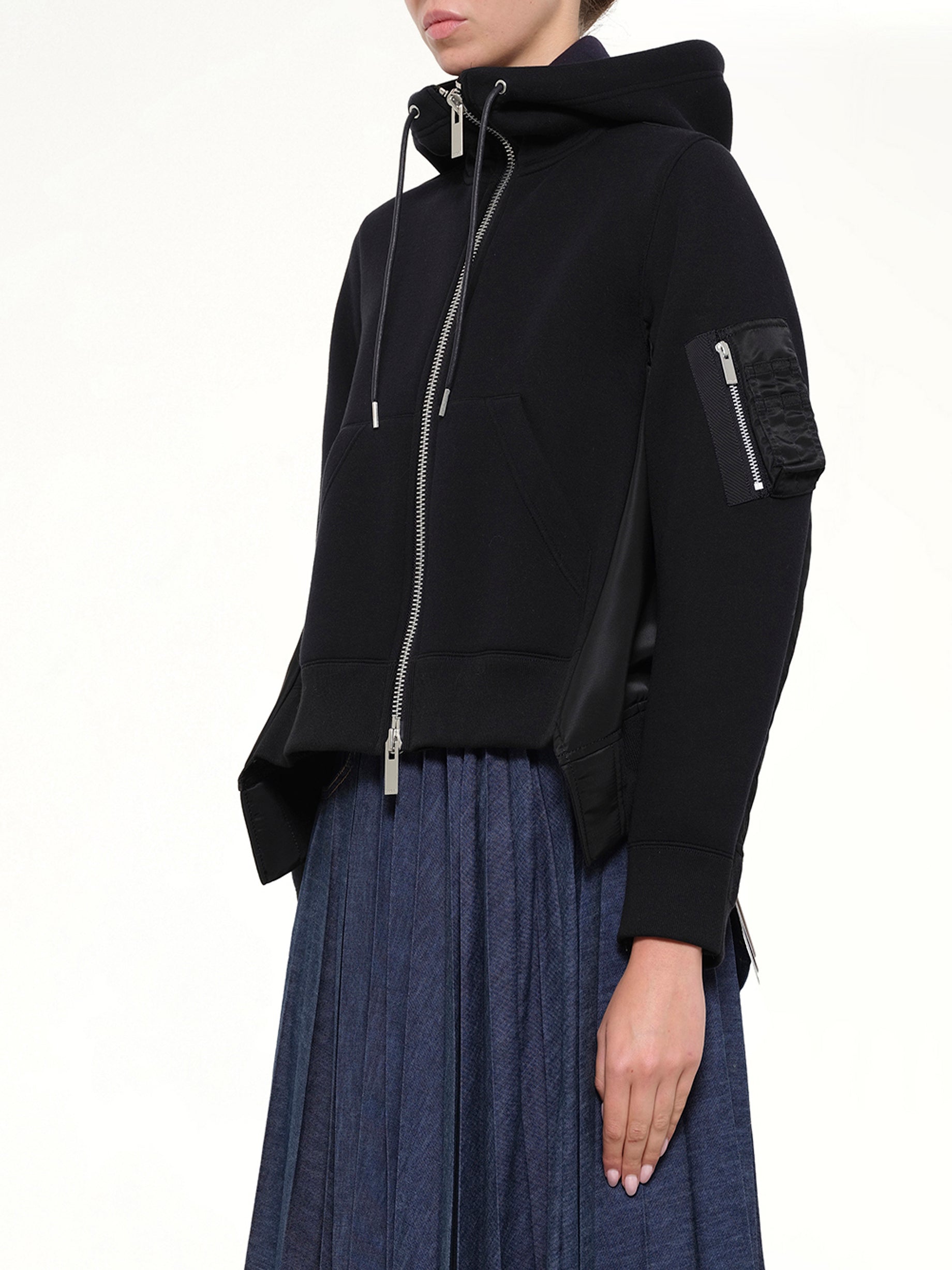 SACAI , 
, Sponge Sweat x Nylon Twill Hoodie in Black Side View from MARAIS