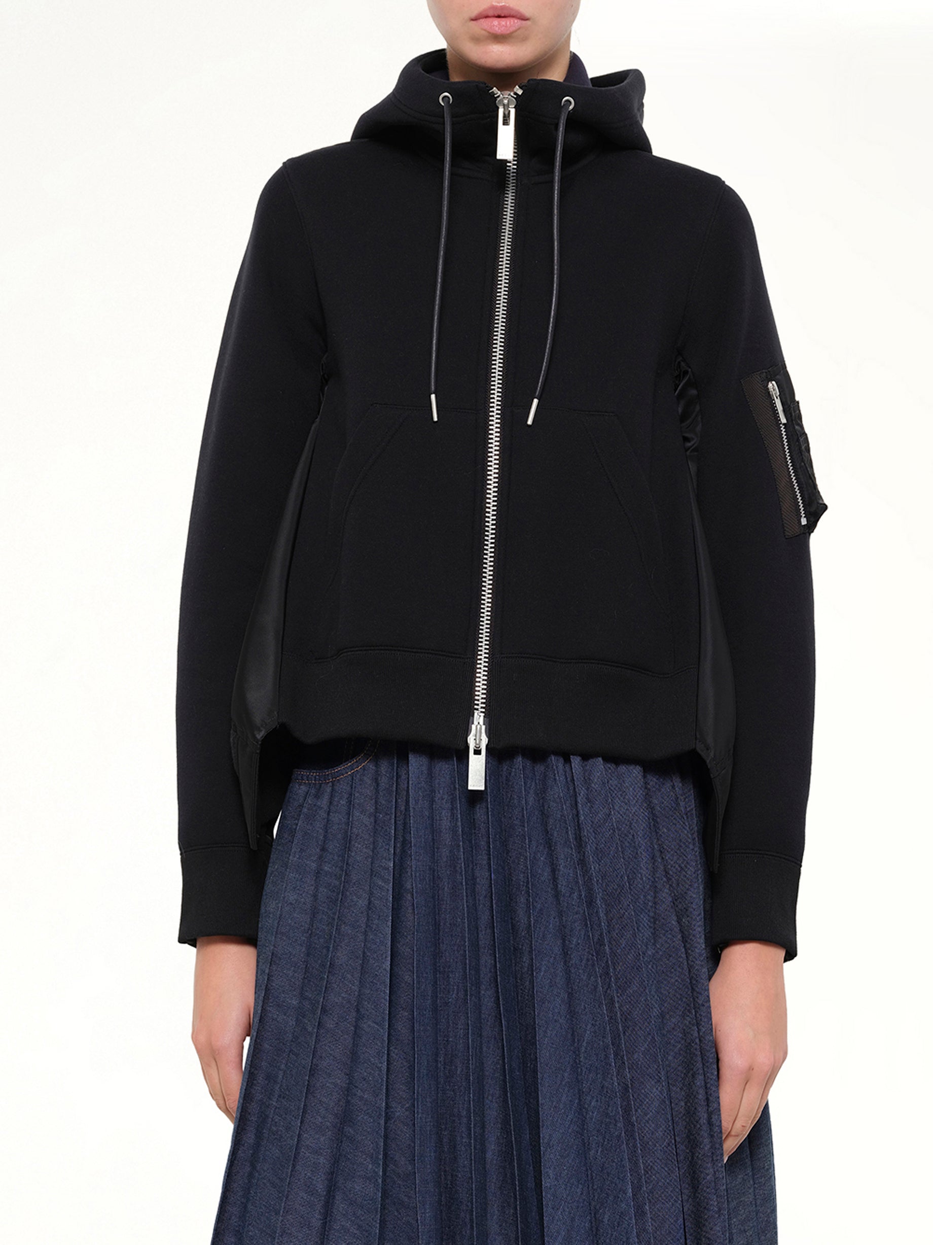 SACAI , 
, Sponge Sweat x Nylon Twill Hoodie in Black Detail Shot from MARAIS