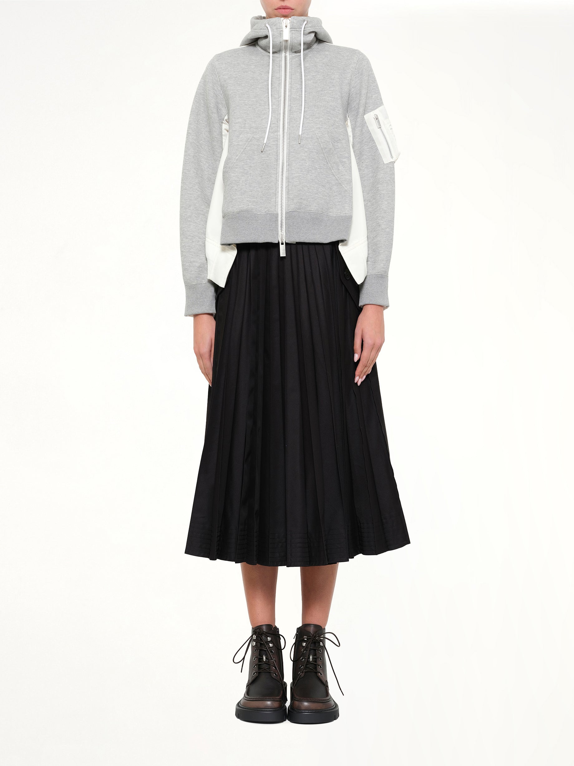 SACAI , 
, Sponge Sweat x Nylon Twill Hoodie in Grey Model View from MARAIS