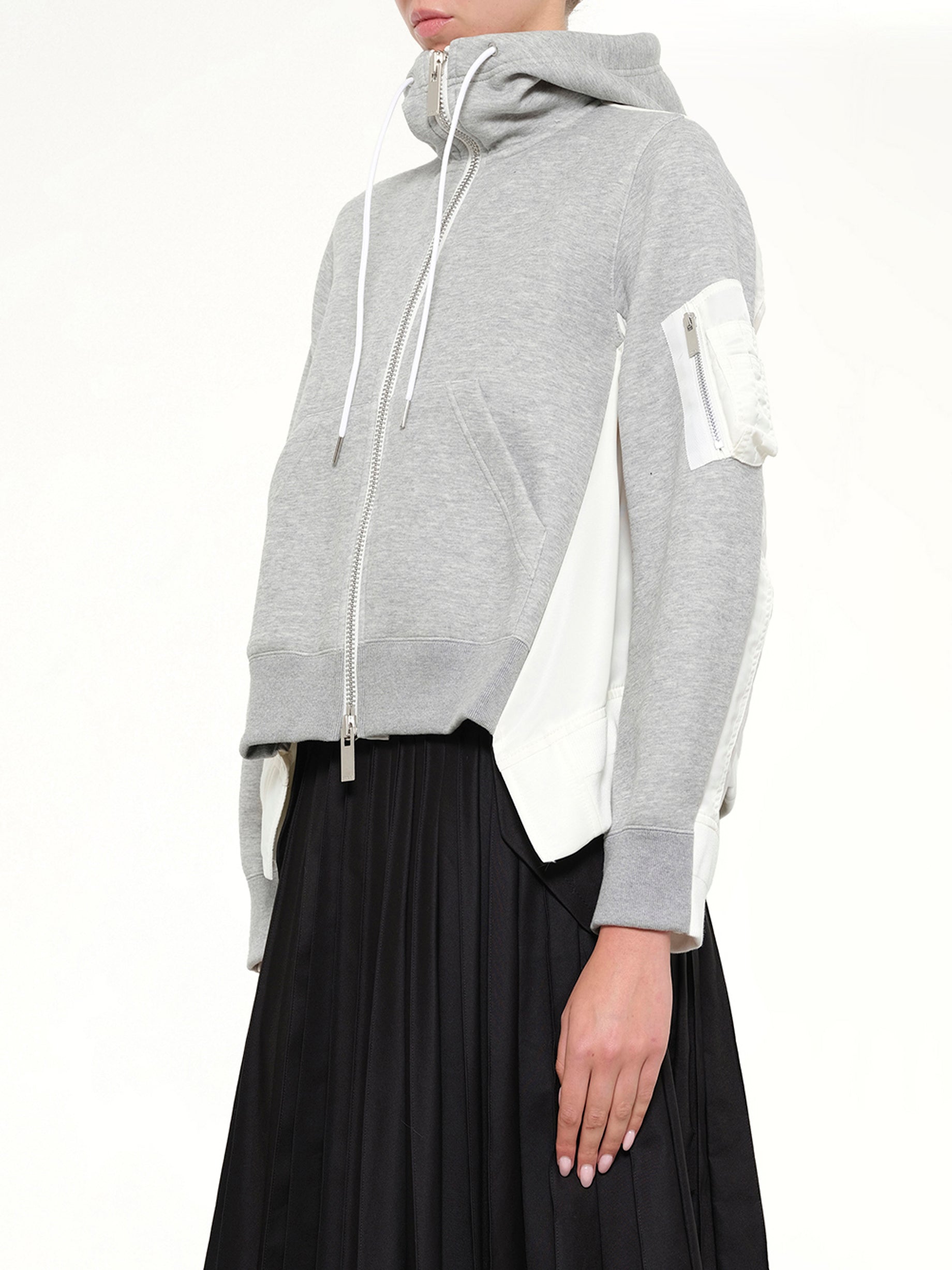 SACAI , 
, Sponge Sweat x Nylon Twill Hoodie in Grey Side View from MARAIS