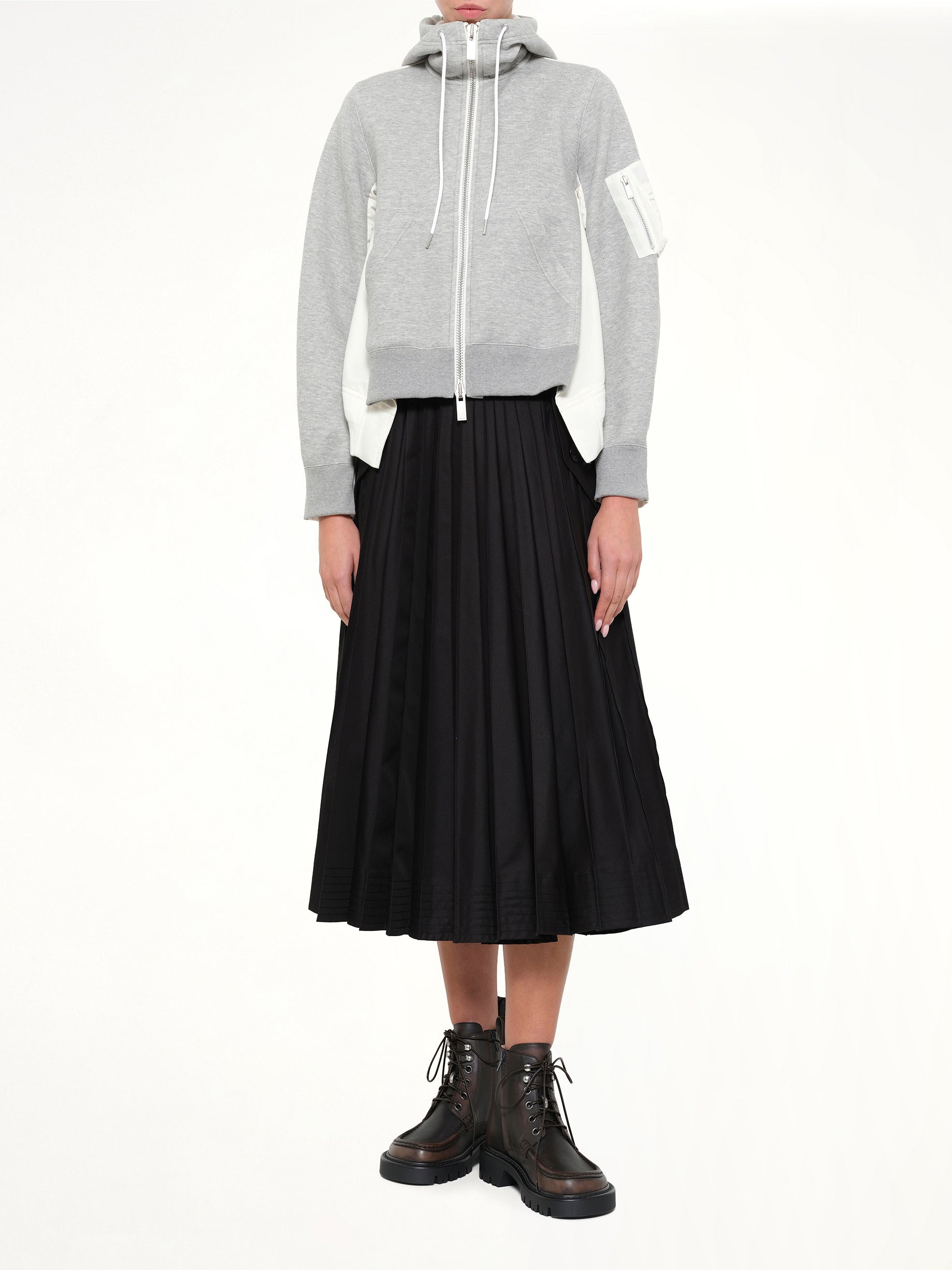 SACAI , 
, Sponge Sweat x Nylon Twill Hoodie in Grey Full Reference from MARAIS