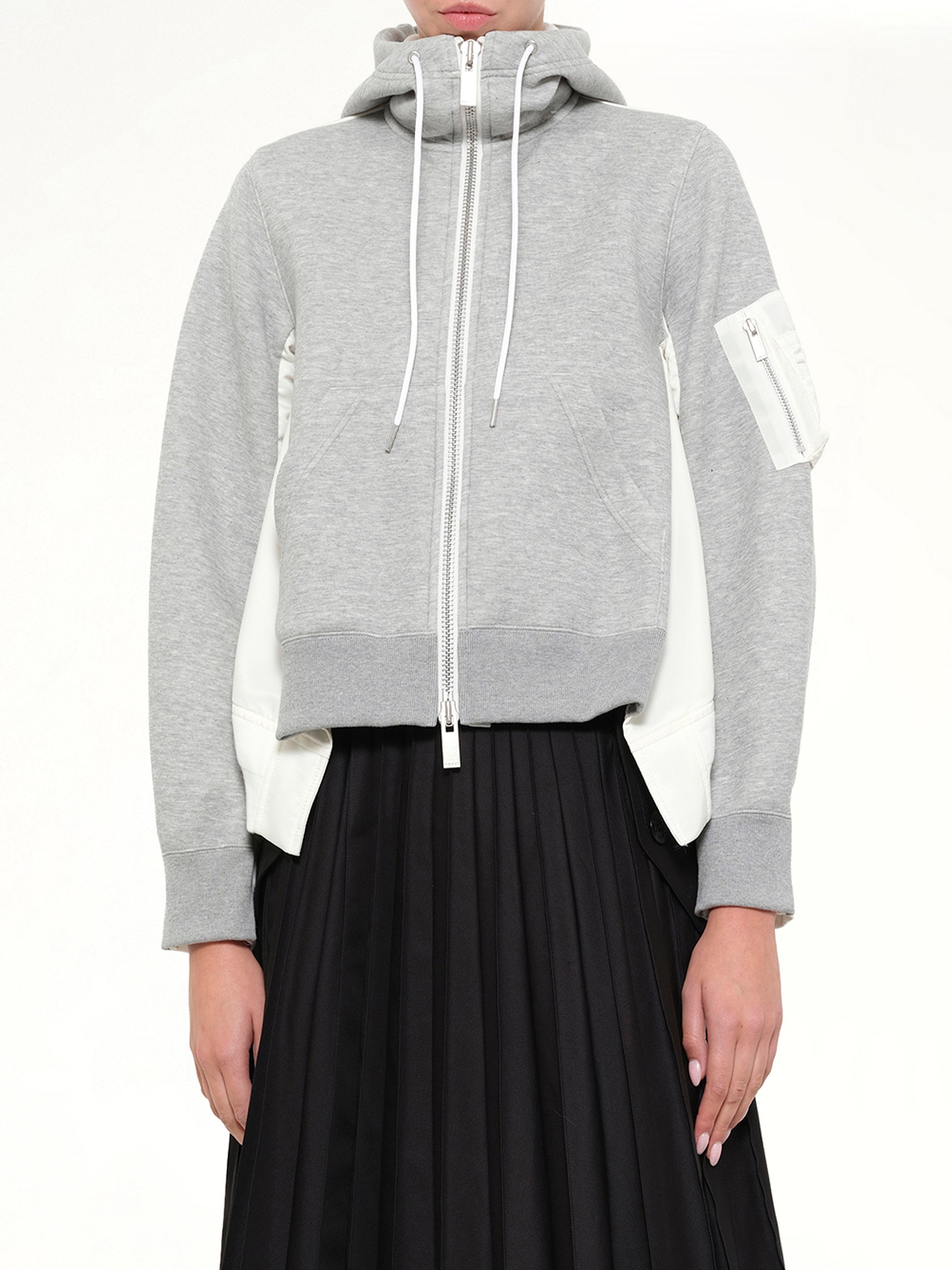 SACAI , 
, Sponge Sweat x Nylon Twill Hoodie in Grey Detail Shot from MARAIS