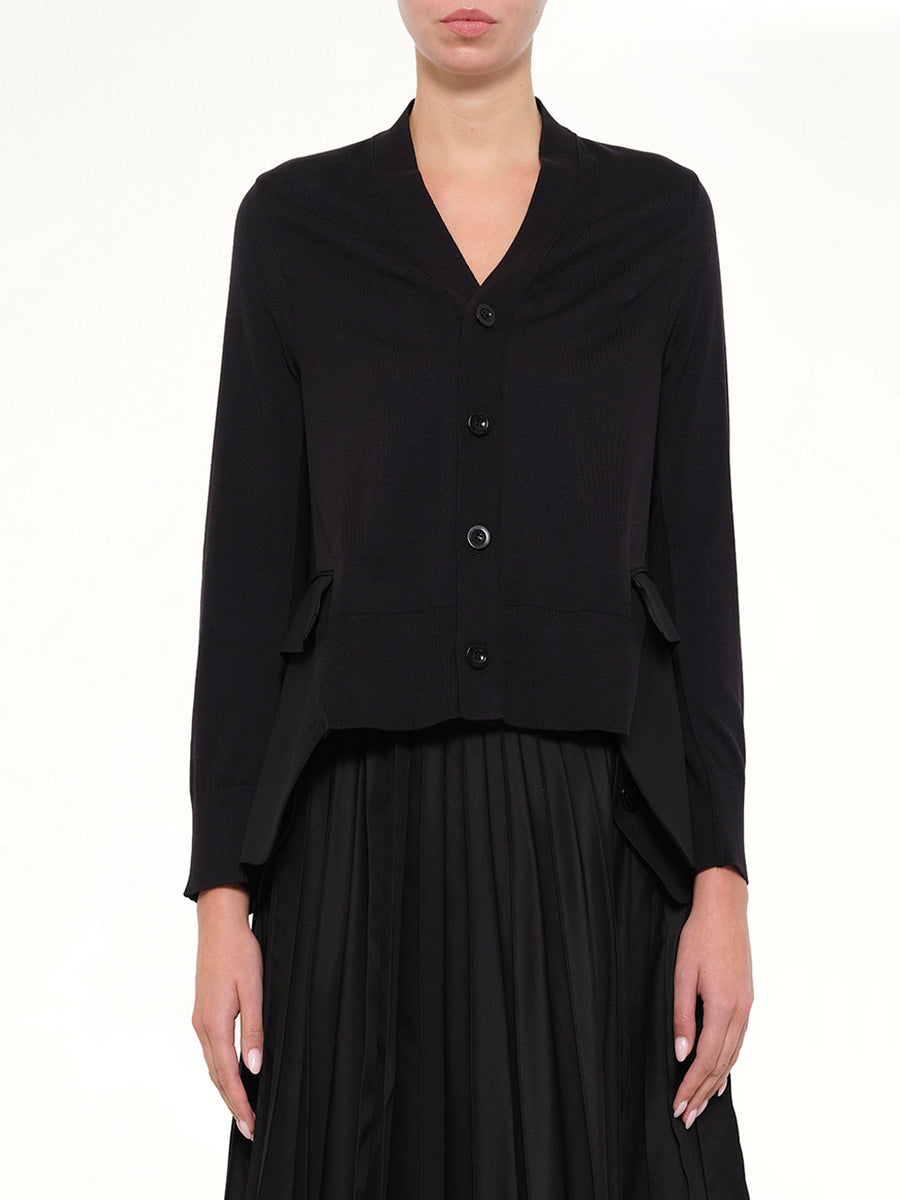 Wool Suiting x Cotton Knit Cardigan in Black