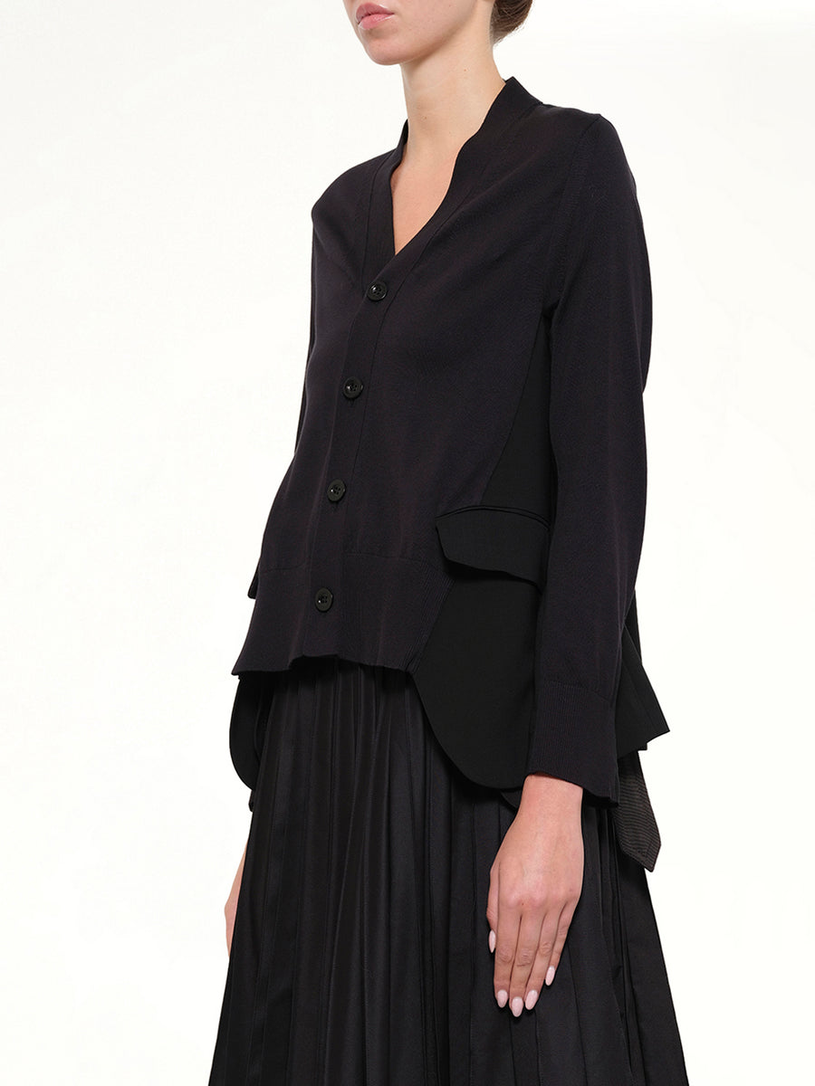 Wool Suiting x Cotton Knit Cardigan in Black