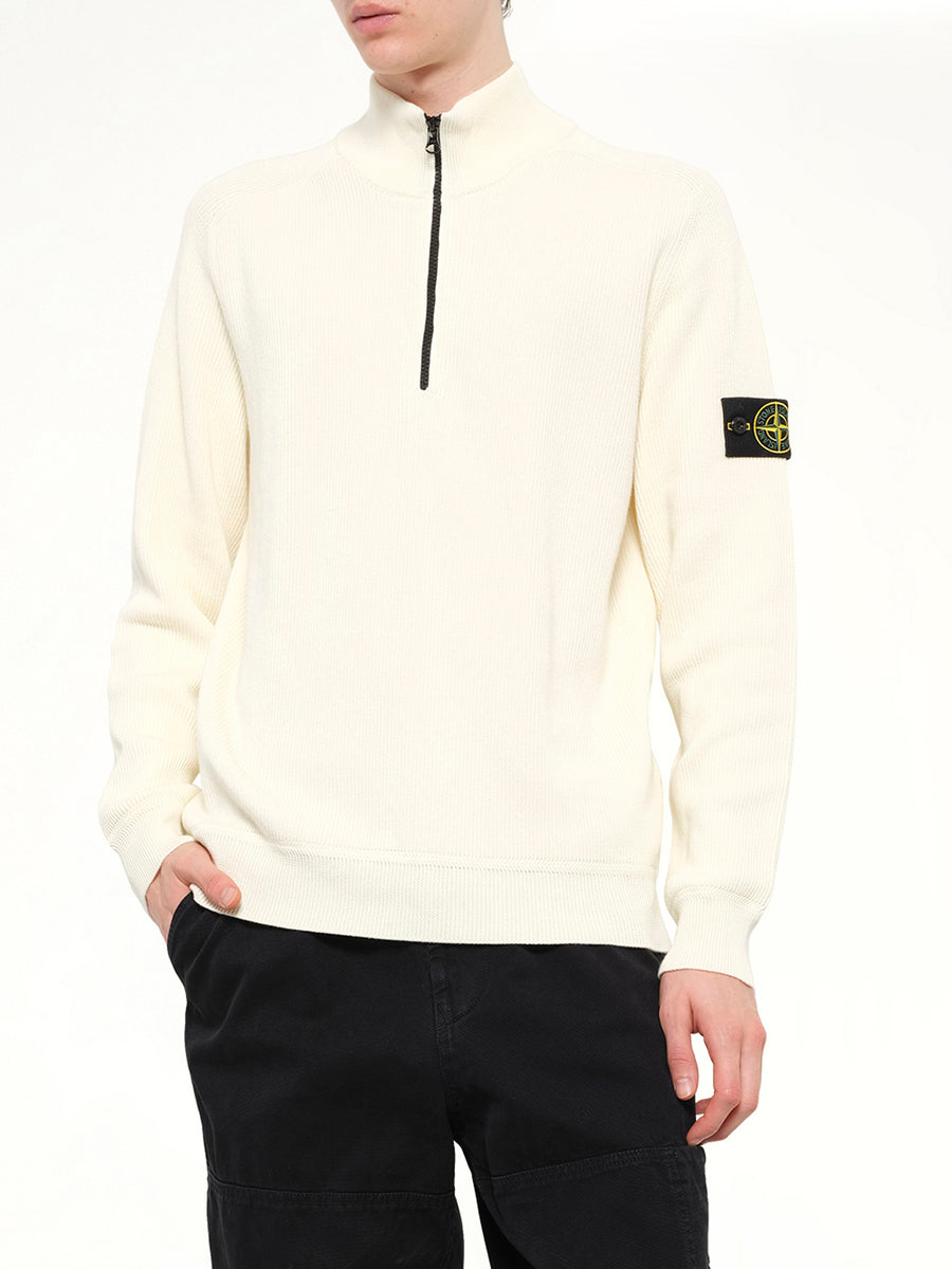 5100124 Ribbed Cotton Half-Zip Sweater in Ivory