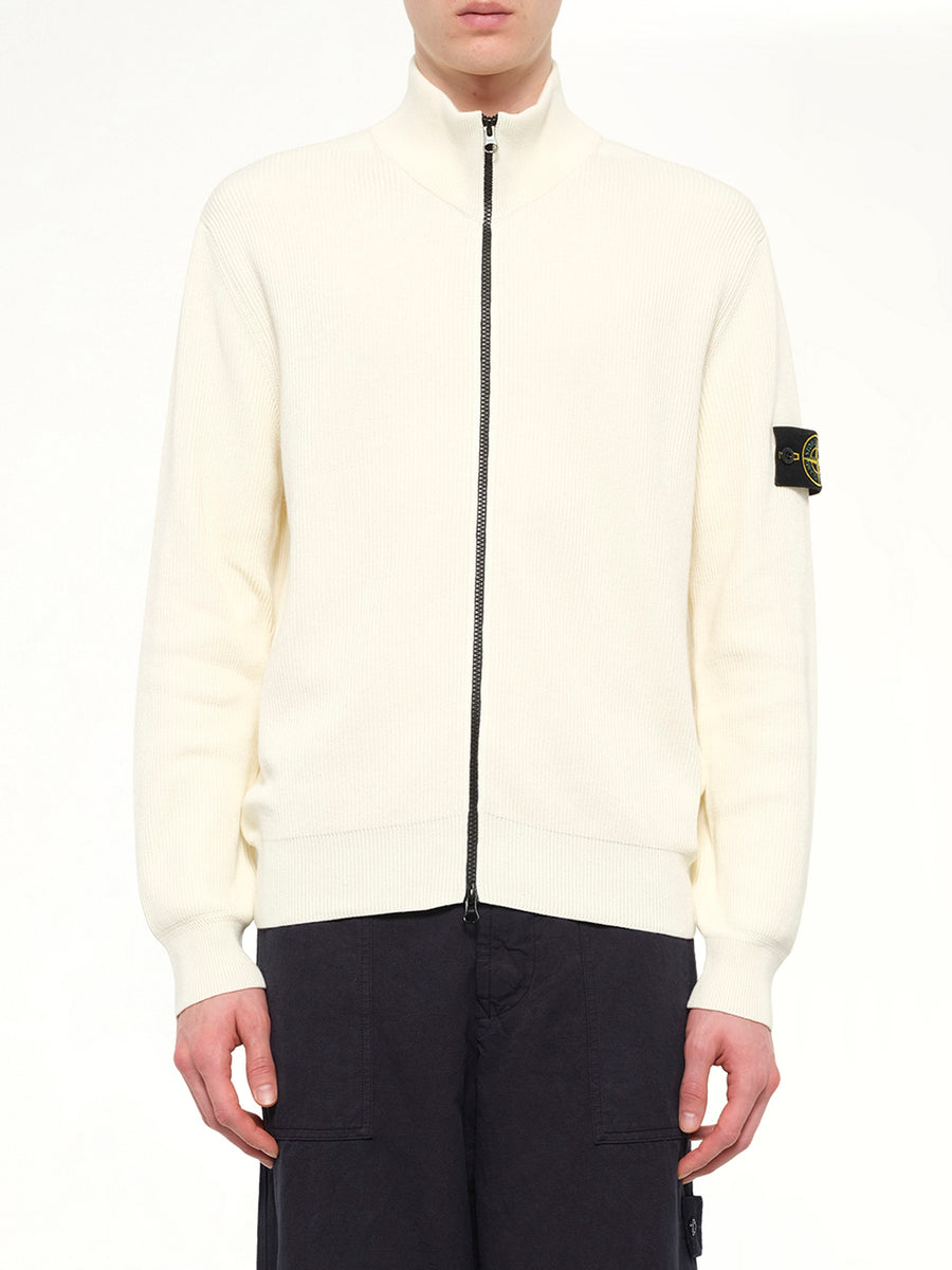 5100126 Ribbed Cotton Zip-Up Cardigan in Ivory