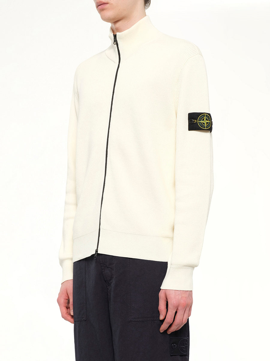 5100126 Ribbed Cotton Zip-Up Cardigan in Ivory