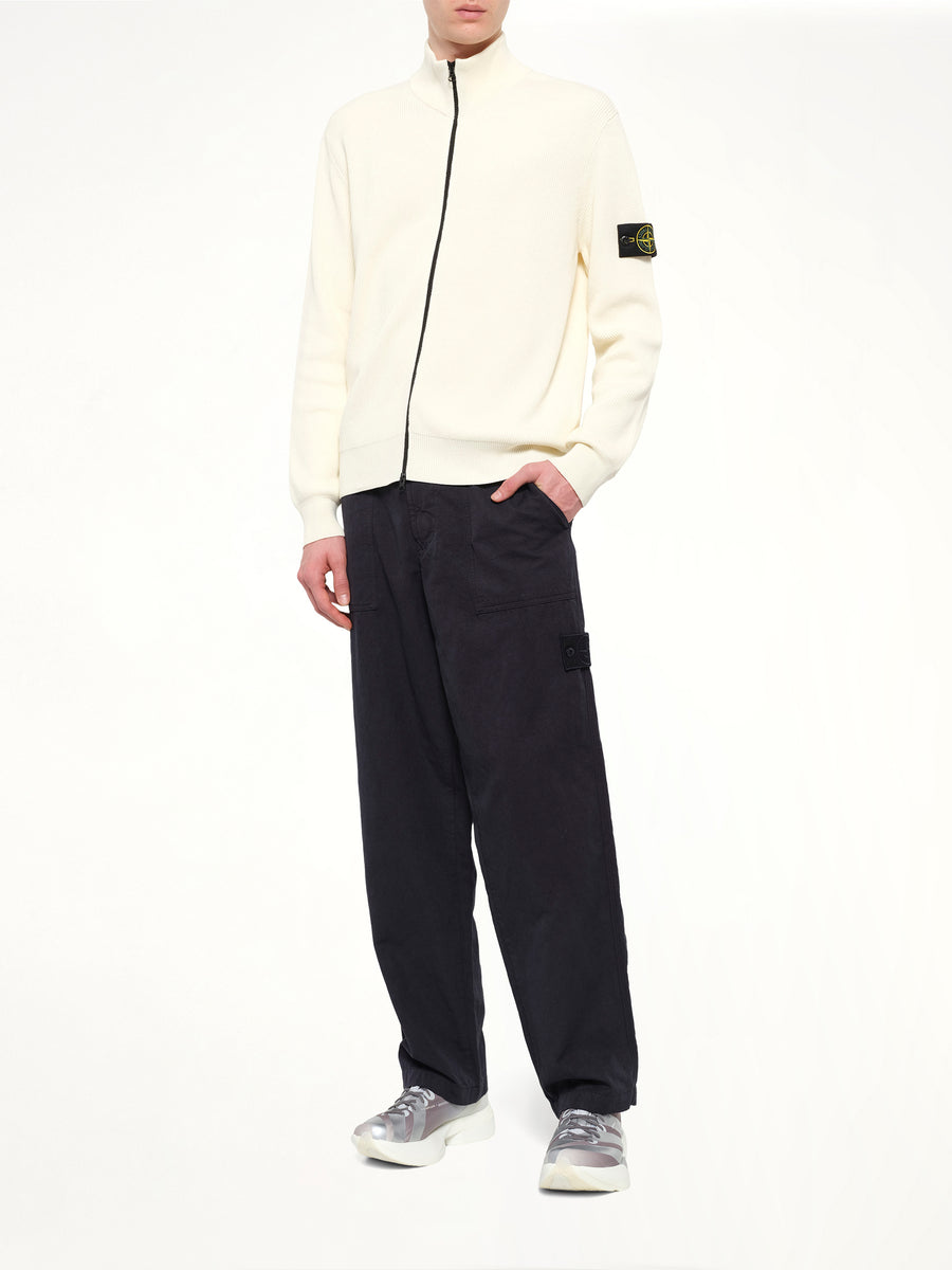 5100126 Ribbed Cotton Zip-Up Cardigan in Ivory