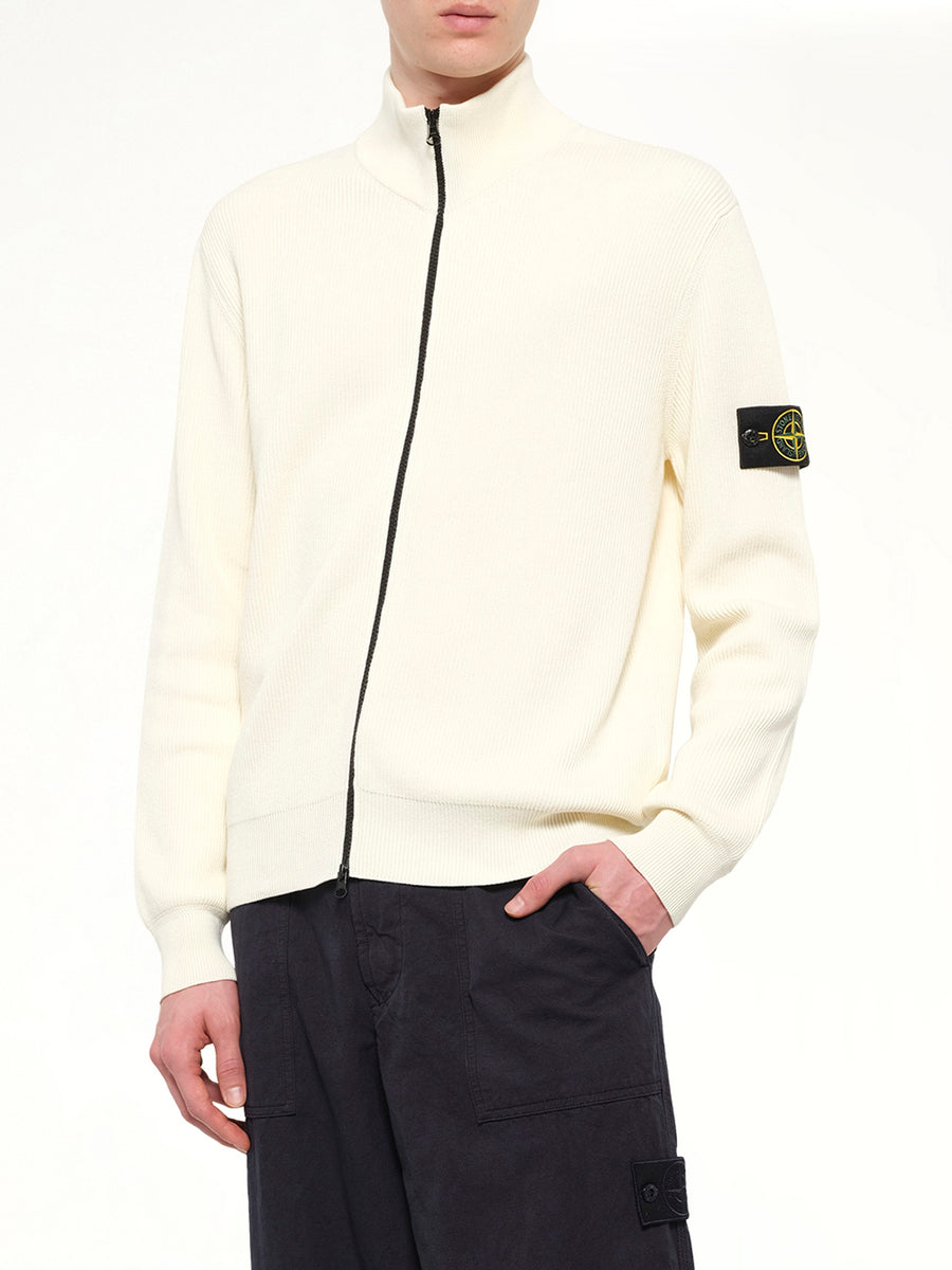 5100126 Ribbed Cotton Zip-Up Cardigan in Ivory