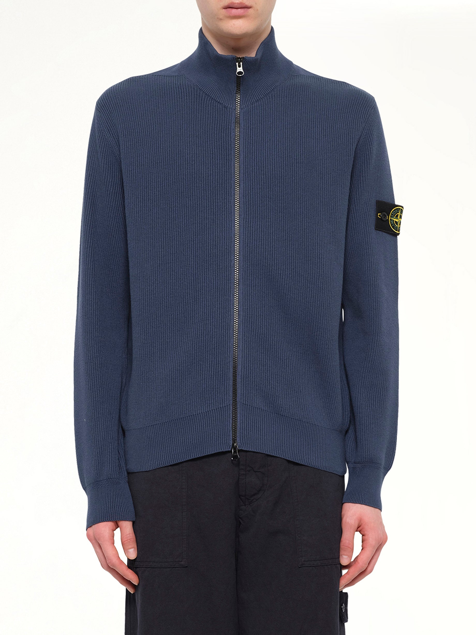 5100126 Ribbed Cotton Zip-Up Cardigan in Slate Blue