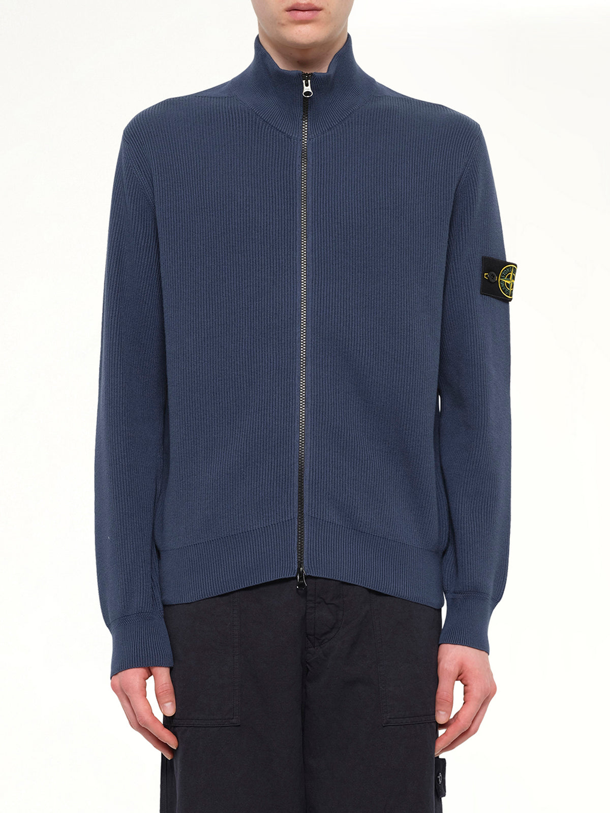 5100126 Ribbed Cotton Zip-Up Cardigan in Slate Blue