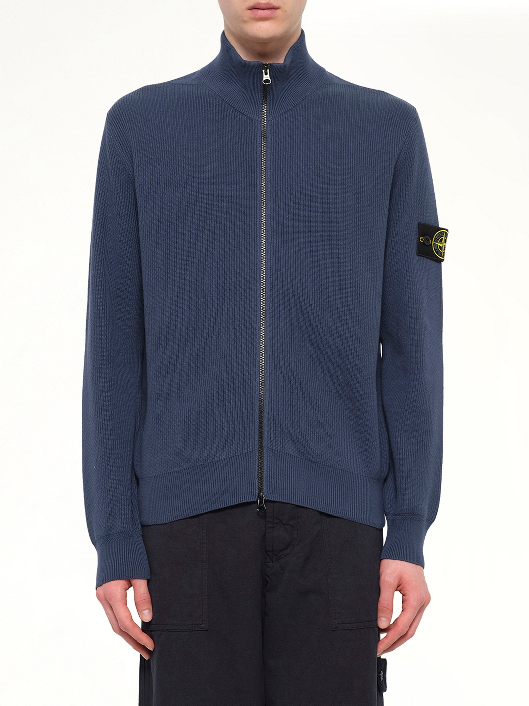 5100126 Ribbed Cotton Zip-Up Cardigan in Slate Blue