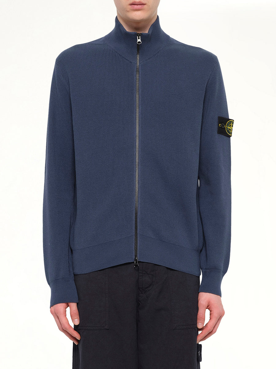 5100126 Ribbed Cotton Zip-Up Cardigan in Slate Blue