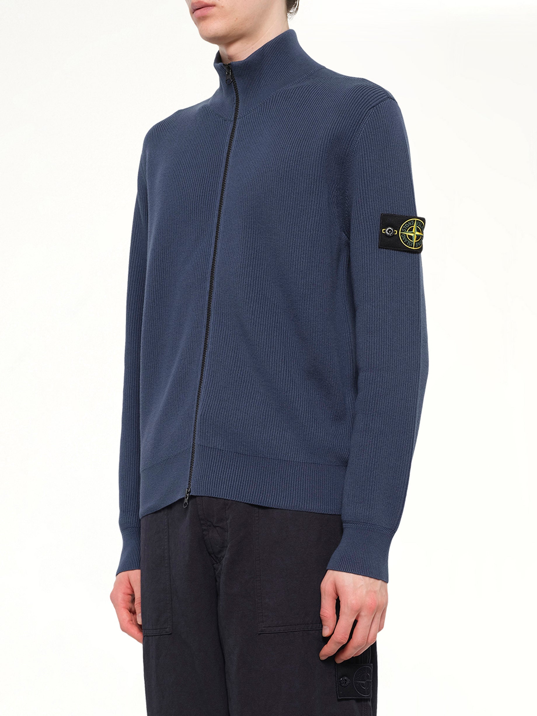 5100126 Ribbed Cotton Zip-Up Cardigan in Slate Blue