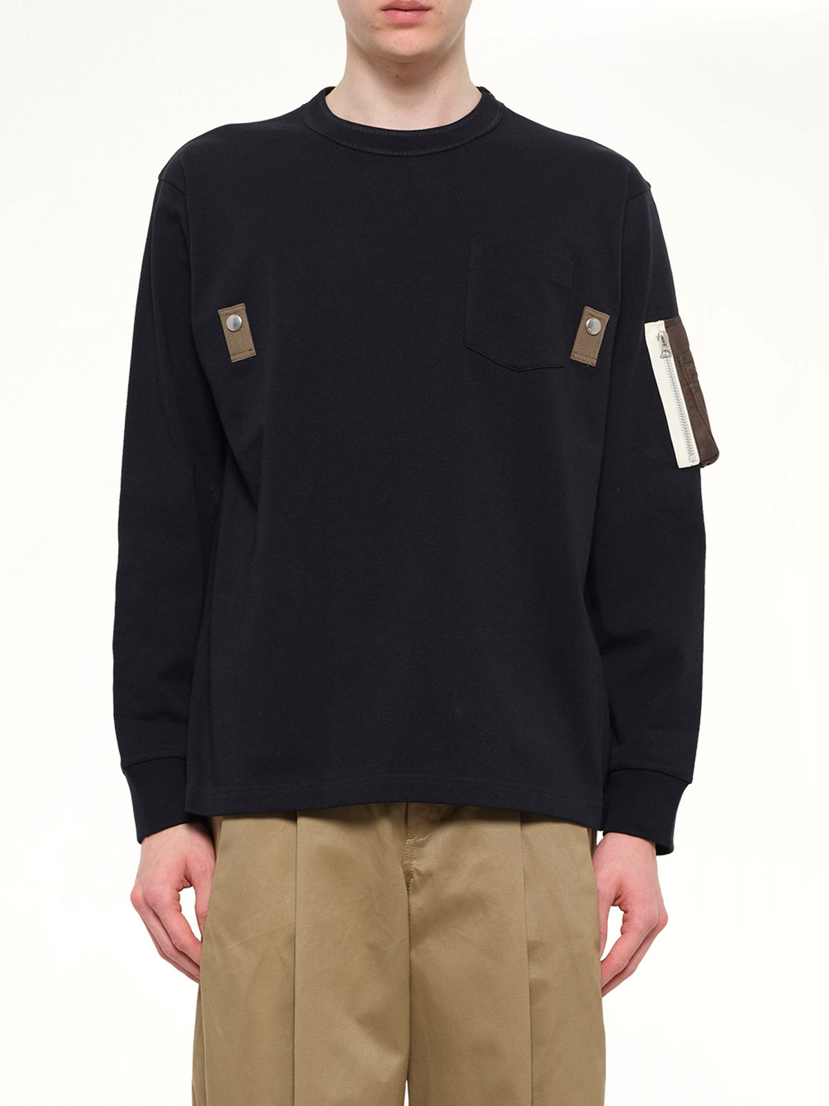 Cotton Jersey L/S T-Shirt in Navy/Dark Khaki