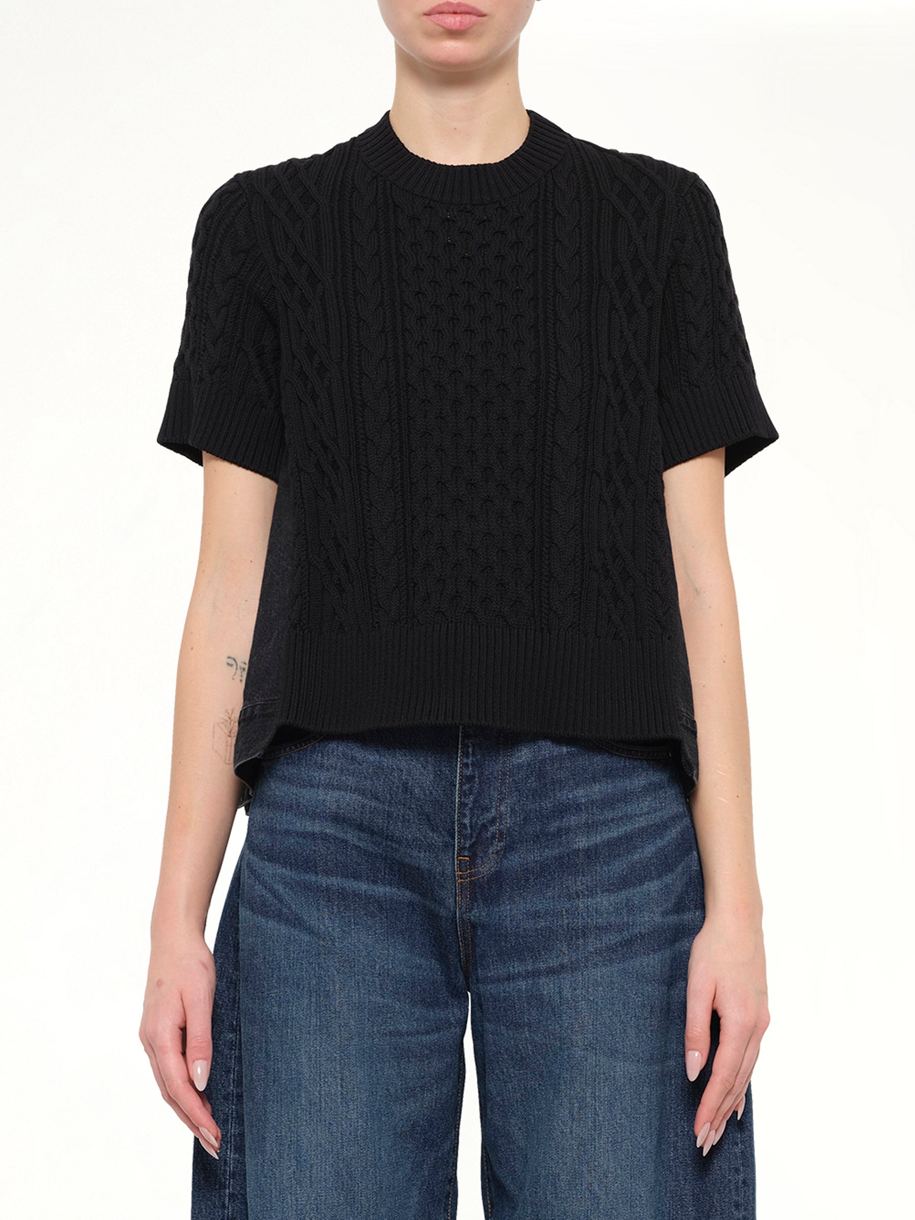 Denim x Cotton Knit Sweater in Black