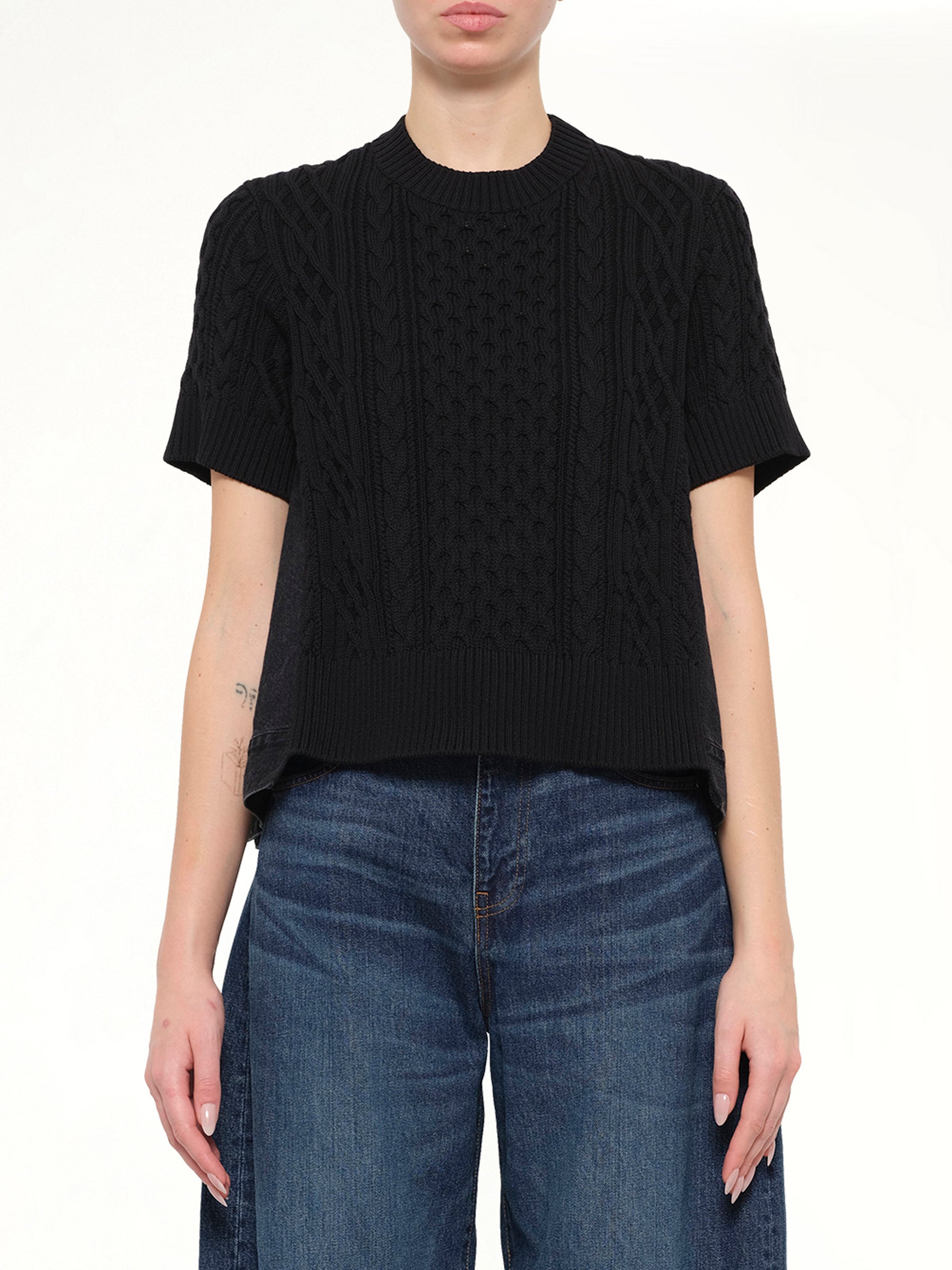 Denim x Cotton Knit Sweater in Black