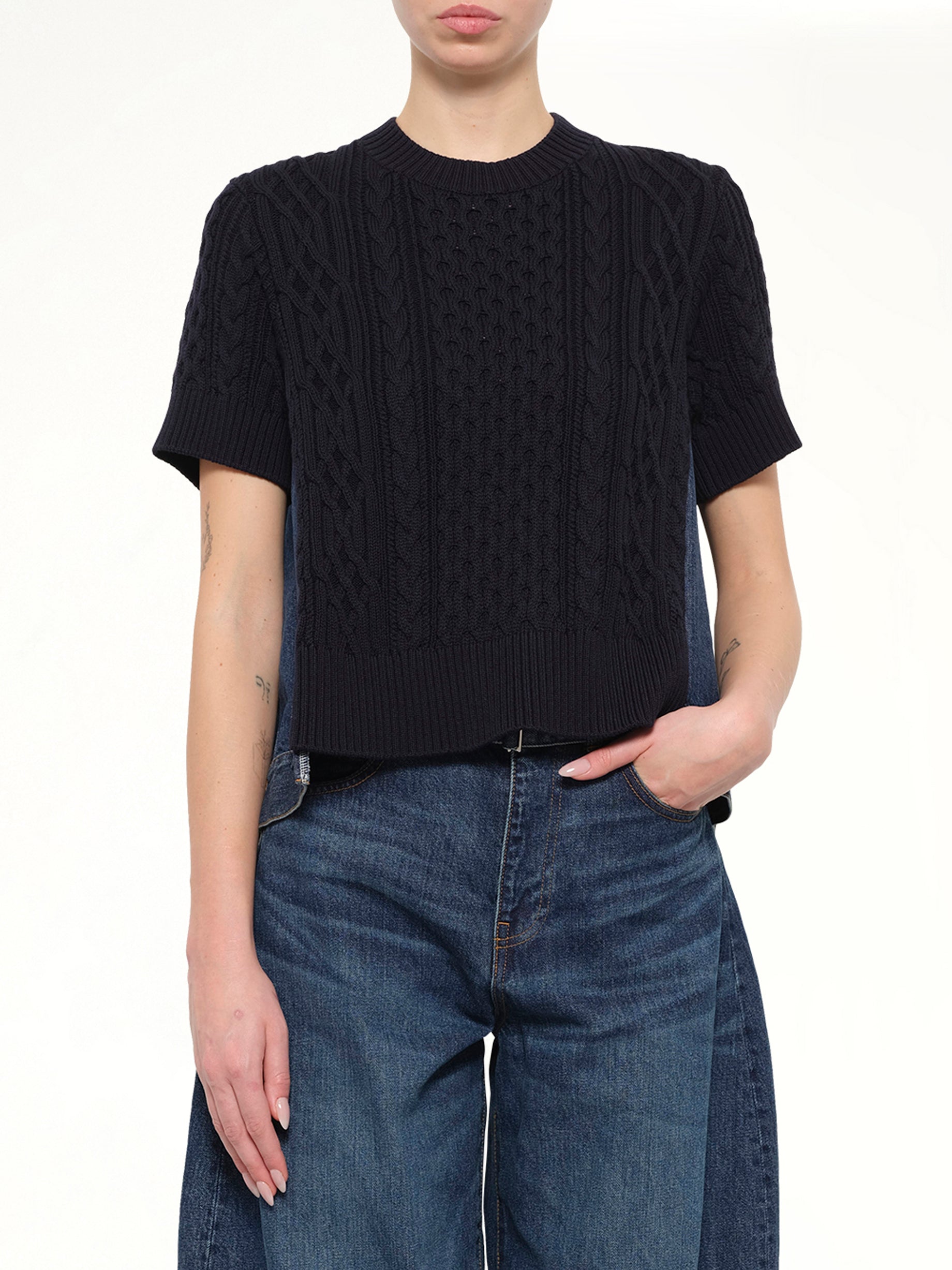 Denim x Cotton Knit Sweater in Navy