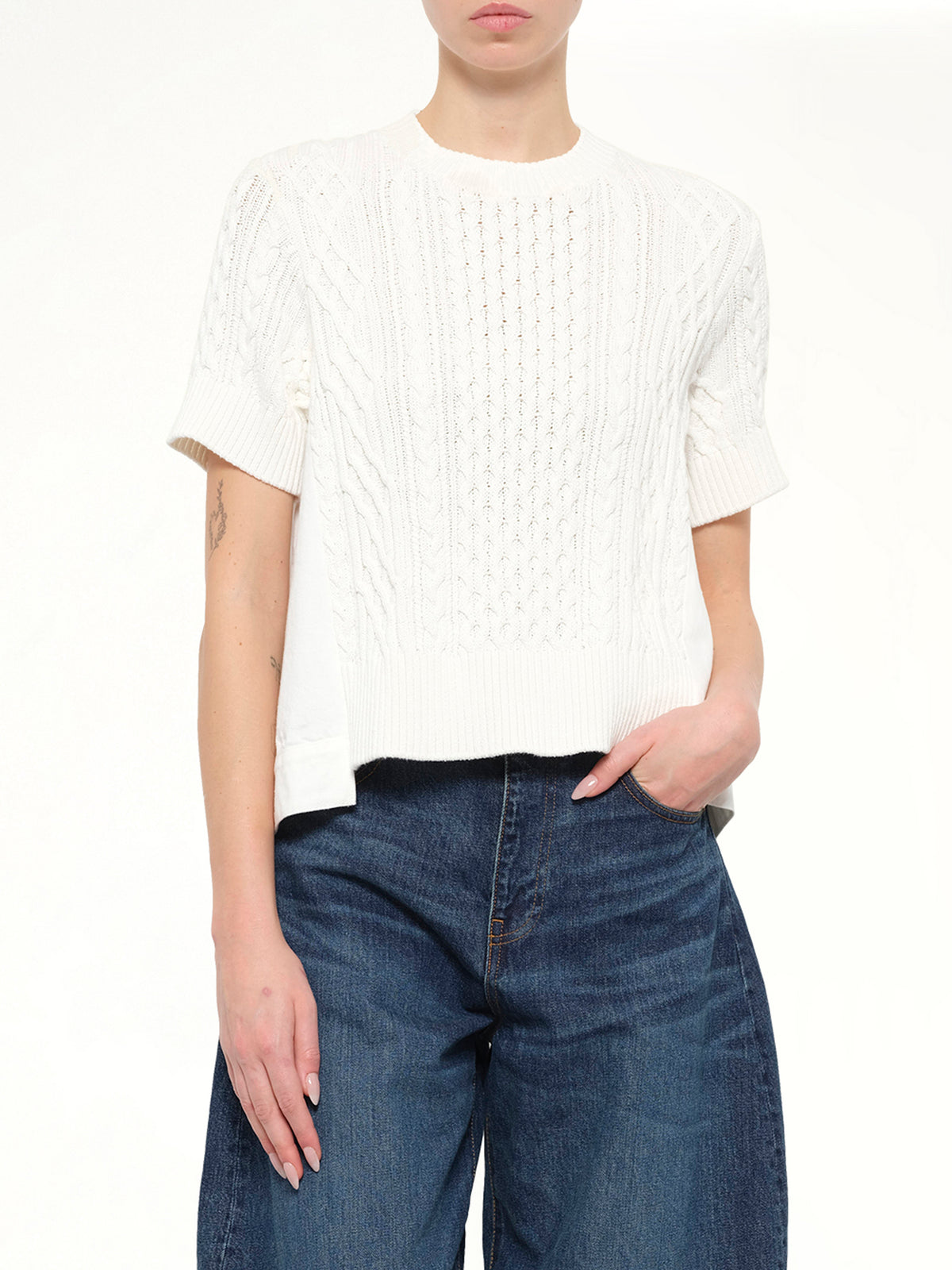Denim x Cotton Knit Sweater in Off White
