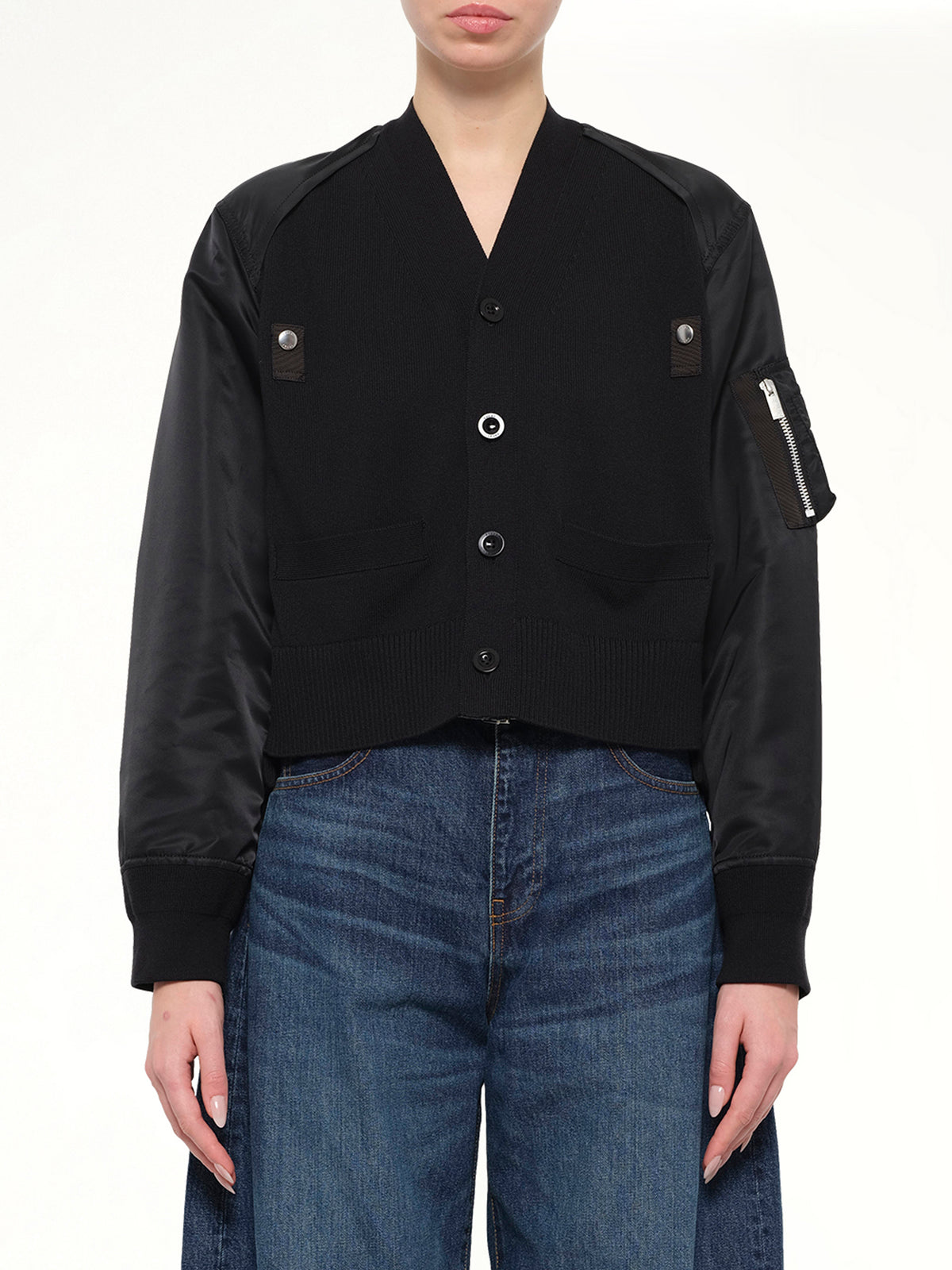 Nylon Twill x Cotton Knit Cardigan in Black